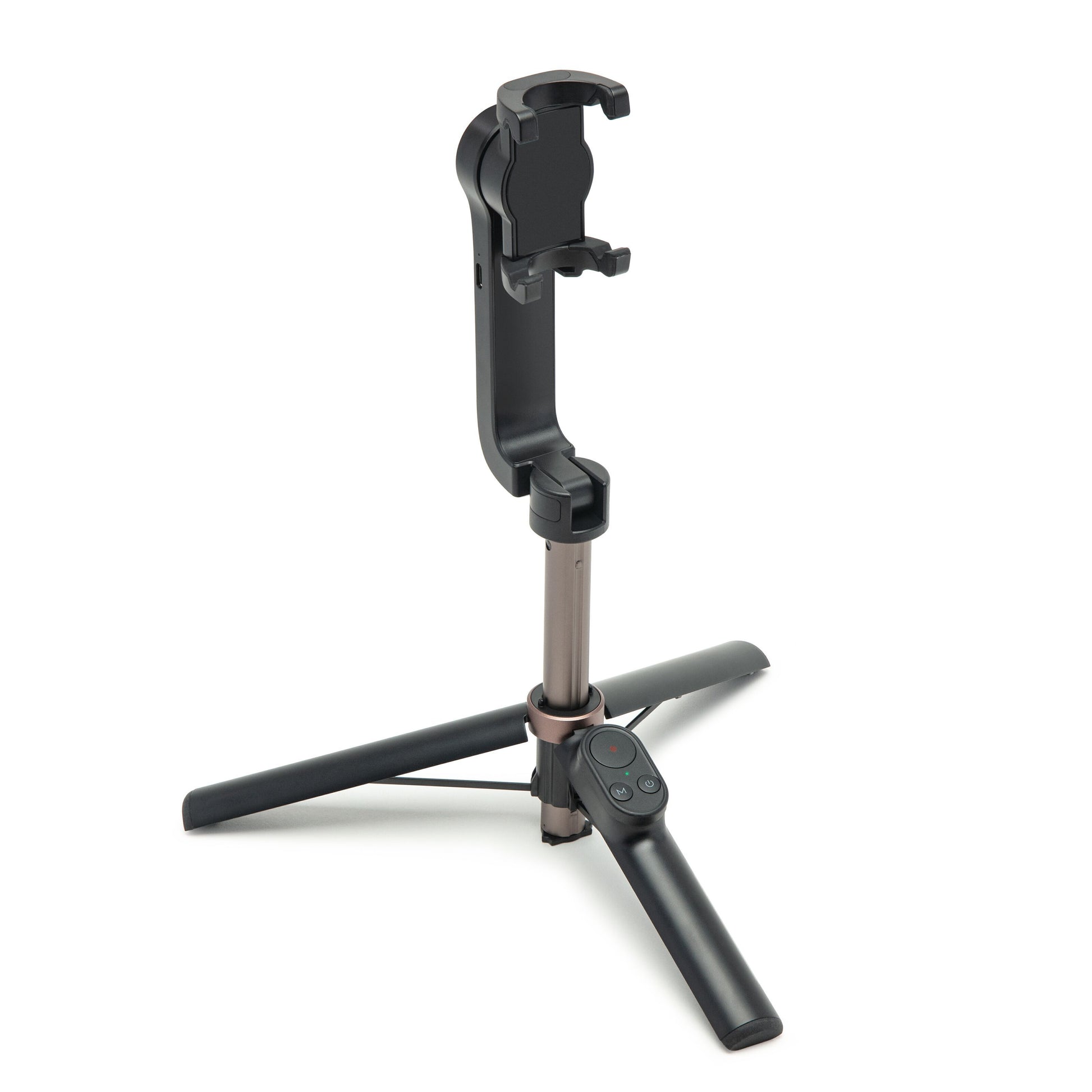 Selfiestang med gimbal gen. 2, sort/sølv, smartphone-stativ, justerbar holder, foldbare ben, Bluetooth-fjernbetjening.