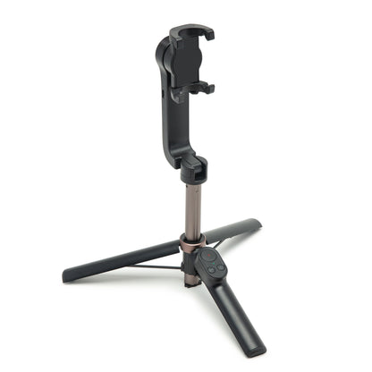Selfiestang med gimbal gen. 2, sort/sølv, smartphone-stativ, justerbar holder, foldbare ben, Bluetooth-fjernbetjening.