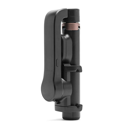 Linocell Selfiestang med gimbal gen. 2, sort, kompakt foldbar arm til smartphone-stabilisering, vist sammenfoldet lodret.