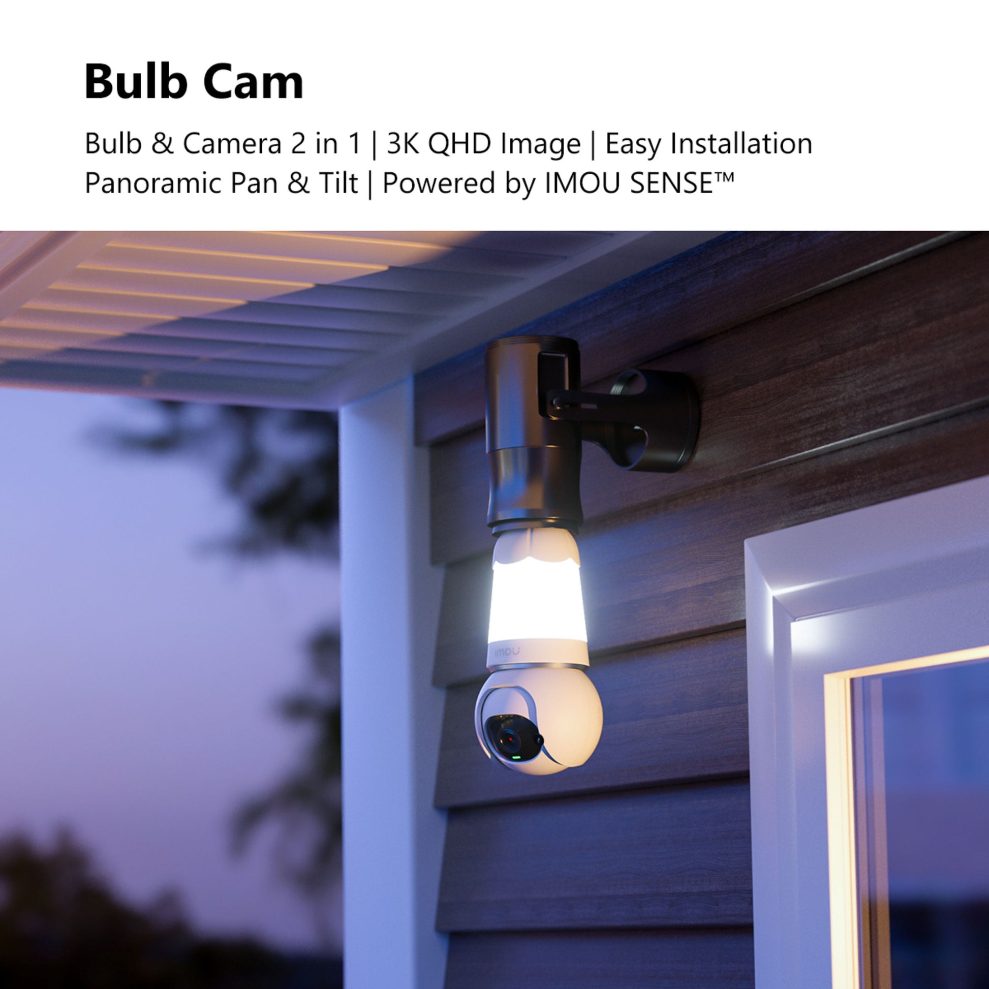 Imou Pære Cam LED-lampe med 2K IP-kamera, 360° overvågning, monteret under udhæng nær vindue, pan/tilt-funktion.