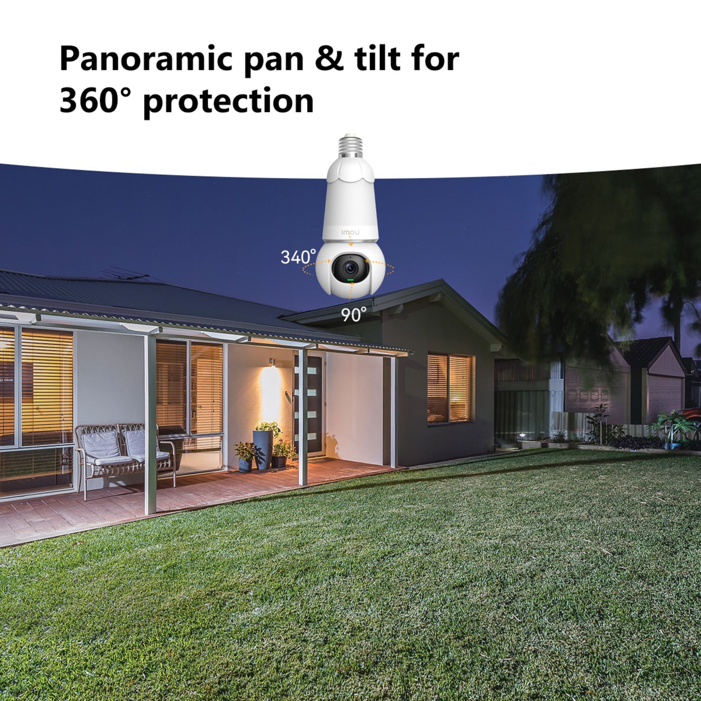 Imou Pære Cam LED-lampe med kamera, monteret udendørs, tekst: Panoramisk panorering og vipning for 360° beskyttelse.
