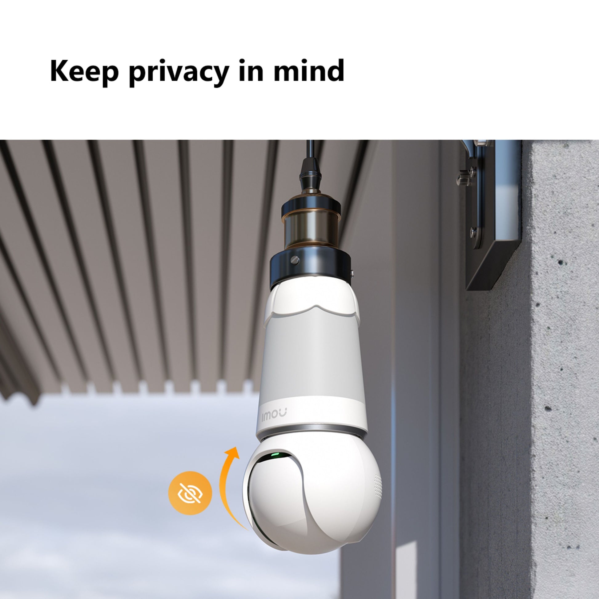 Imou Pære Cam LED-lampe med overvågningskamera, 2K klarhed, 360° visning, orange privatlivsikon.