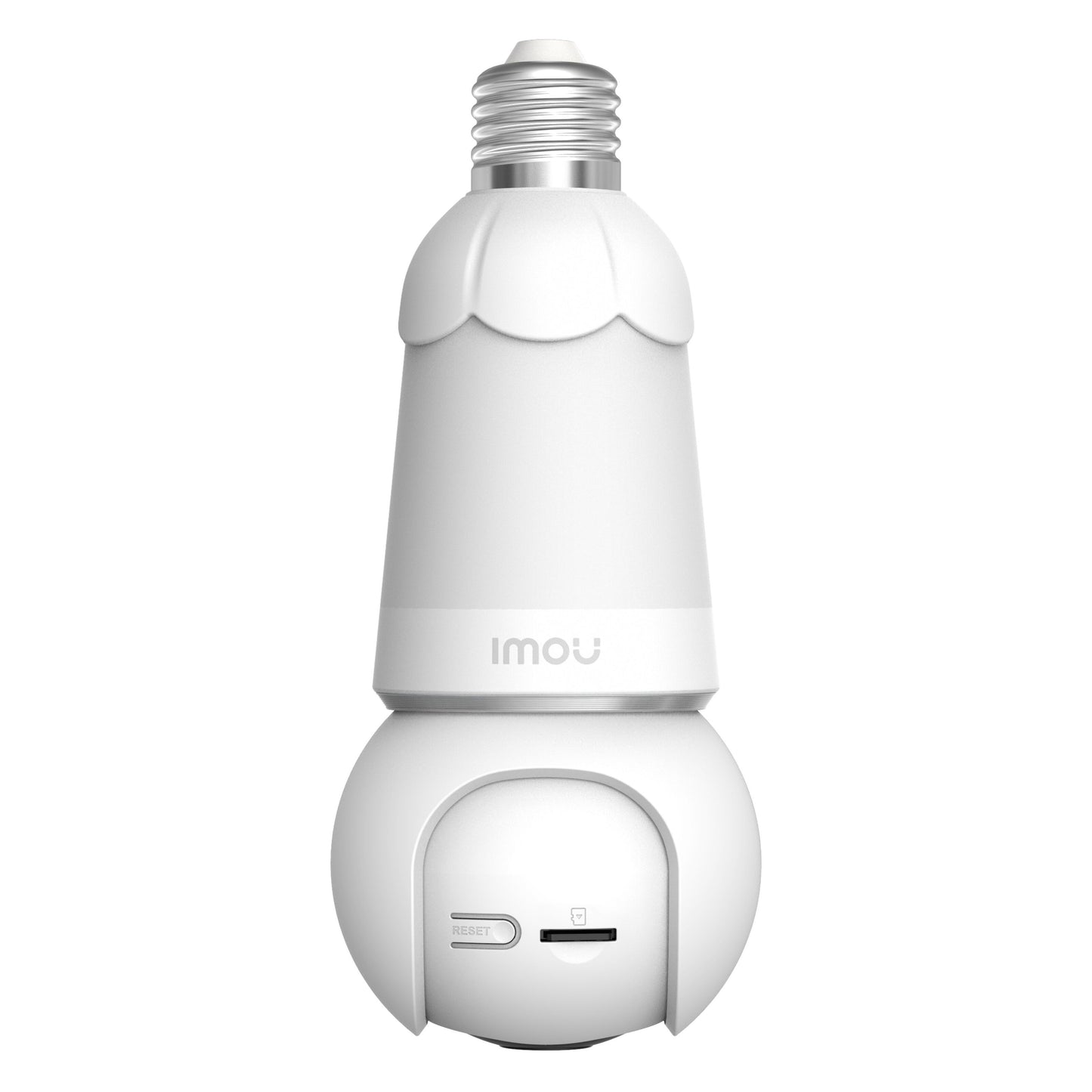 Imou Pære Cam LED-lampe med E27-fatning, 2K IP-overvågningskamera, pan-tilt hoved, reset-knap og SD-kort slot.