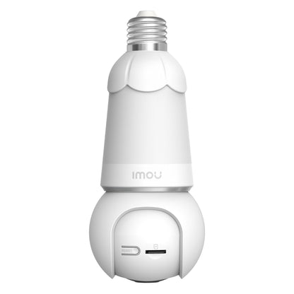 Imou Pære Cam LED-lampe med E27-fatning, 2K IP-overvågningskamera, pan-tilt hoved, reset-knap og SD-kort slot.