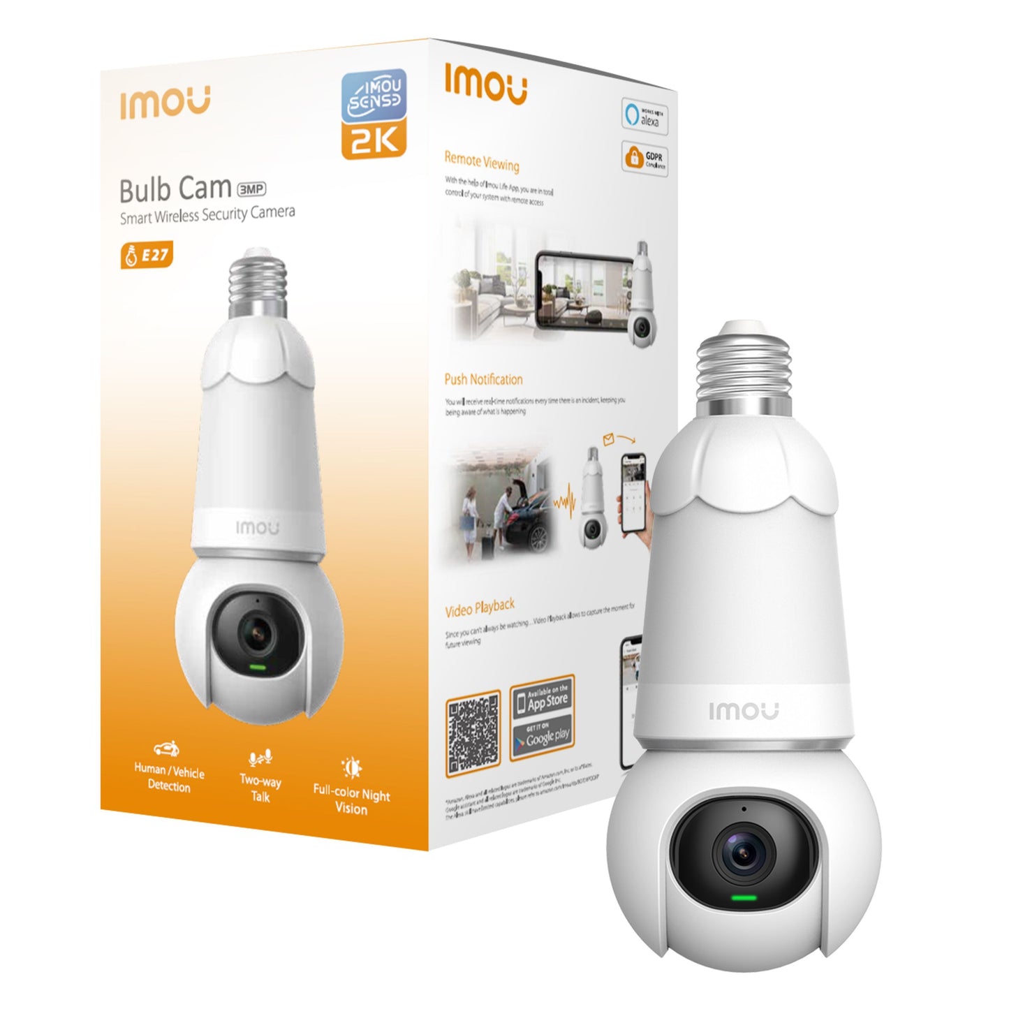 Imou Pære Cam LED-lampe med overvågningskamera og emballage med app-ikoner, 360° overvågning og farvenatvision.