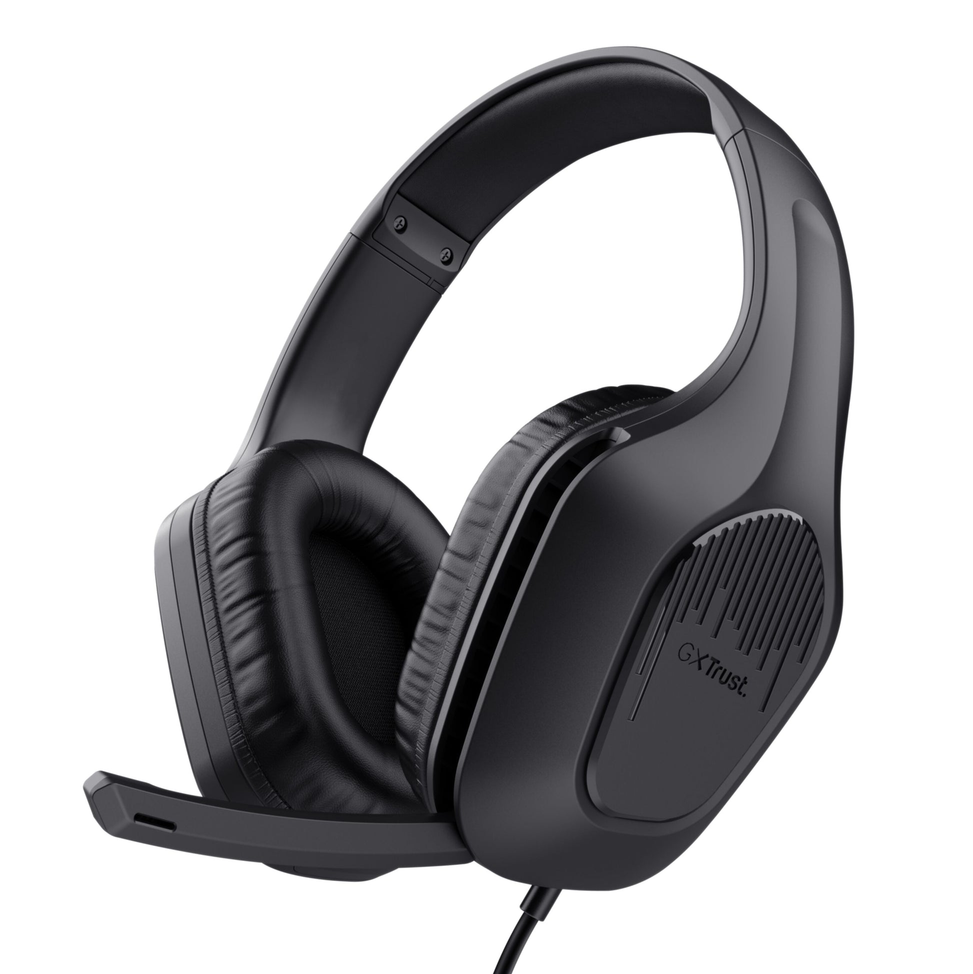 Trust GXT415 Zirox gaming-headset med polstrede ørepuder, indbygget mikrofon, GXT-logo og sort kabel til PS5.