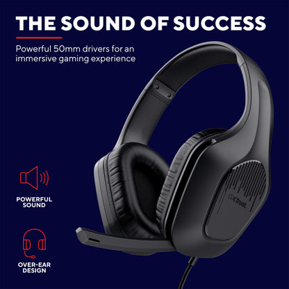 Trust GXT415 Zirox gaming-headset sort, 50mm drivere, over-ear design, kompatibel med PS5, tekst: LYDEN AF SUCCES.