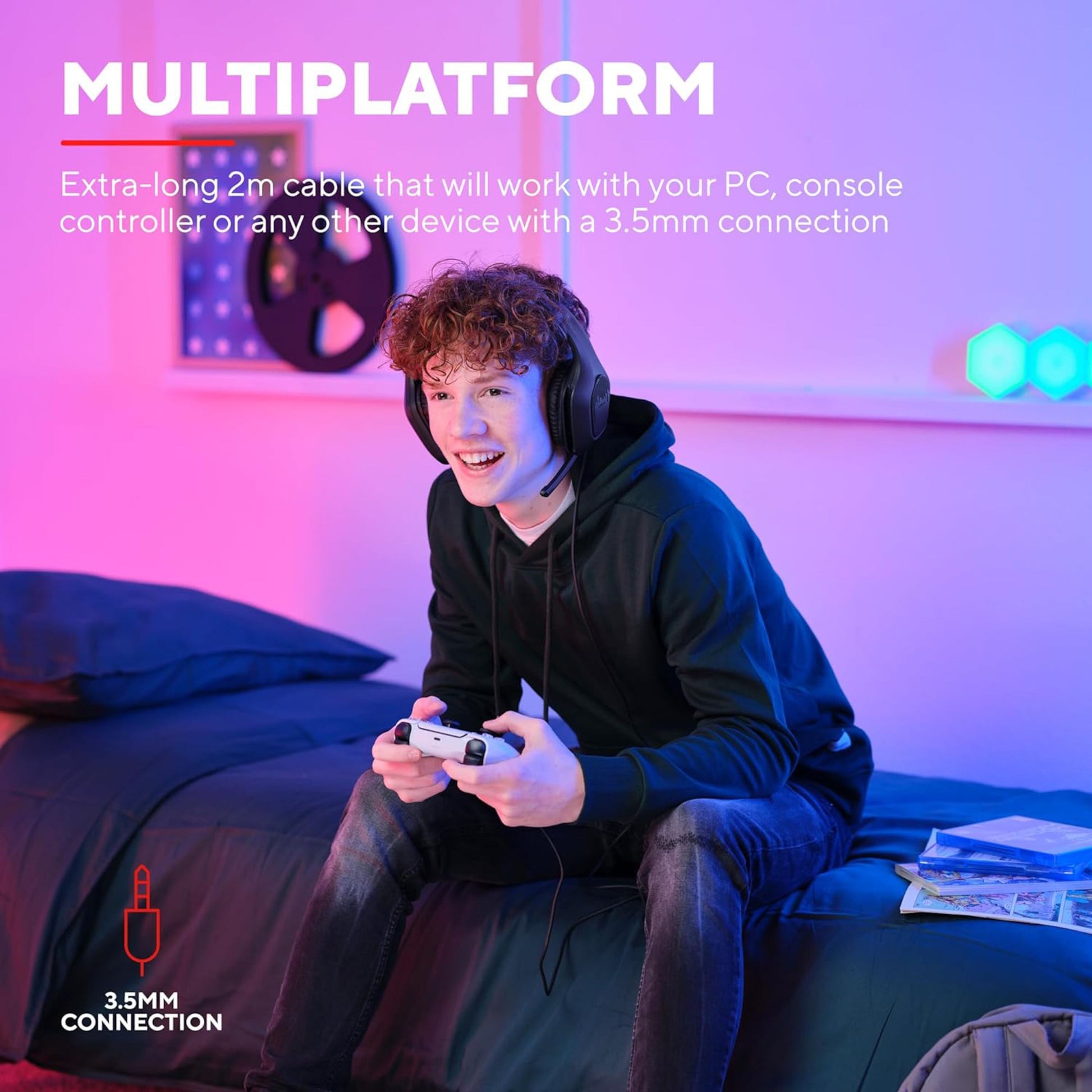 Trust GXT415 Zirox gaming-headset sort, mikrofon, 2m kabel, virker med PC, PS5 og enheder med 3,5mm jack.