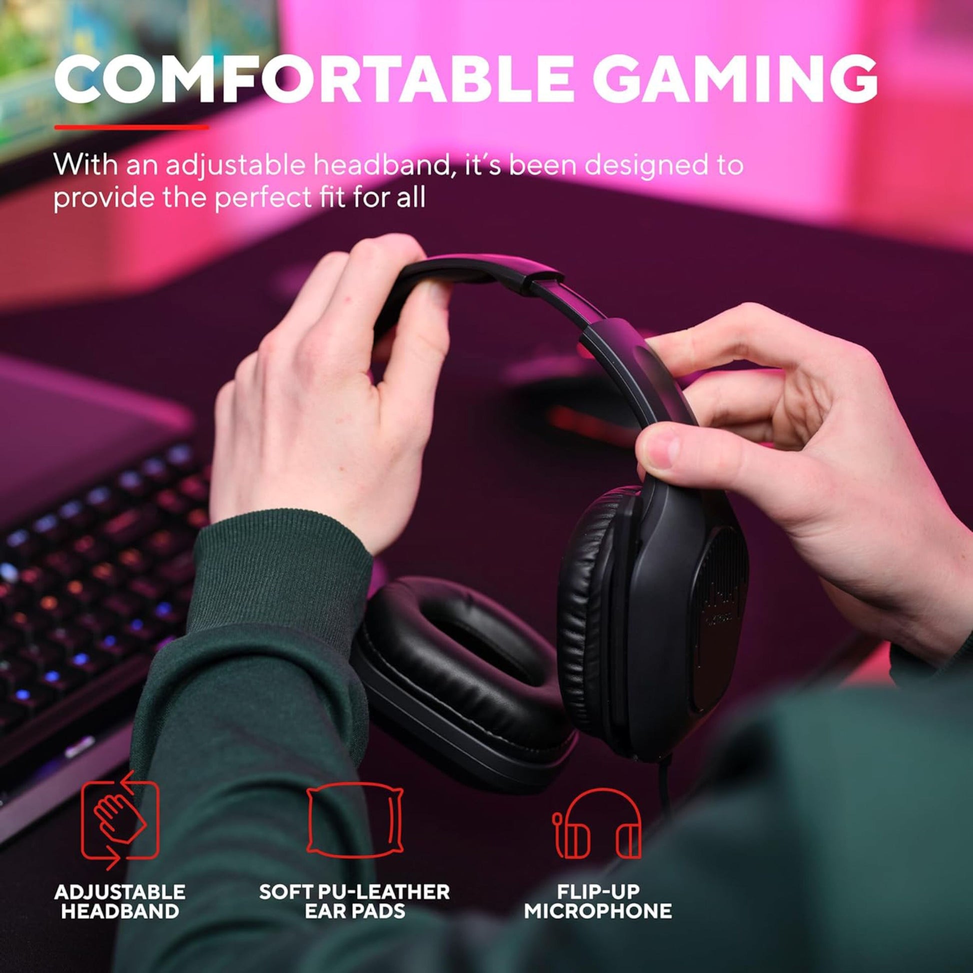 Trust GXT415 Zirox Gaming-headset sort, justerbar hovedbøjle, bløde PU-læder ørepuder, flip-mikrofon over tastatur.