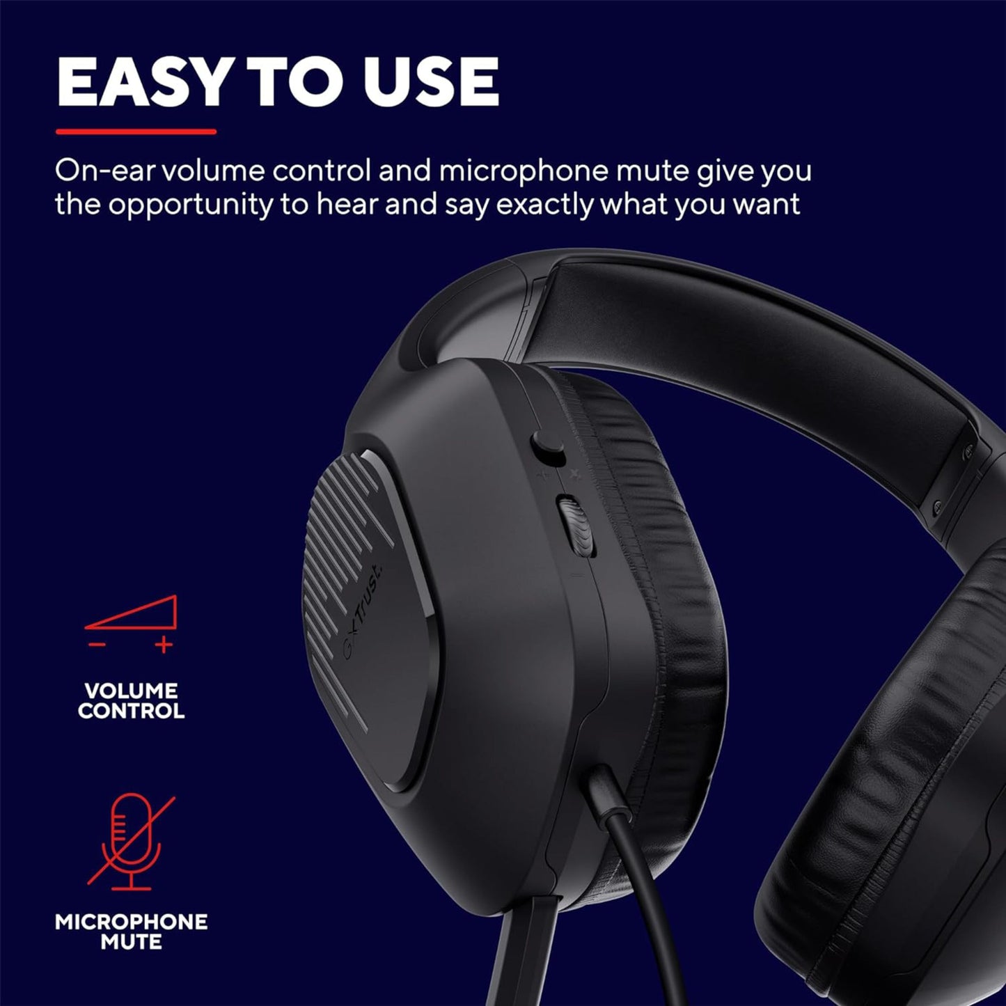 Trust GXT415 Zirox Gaming-headset til PS5, mørkeblå baggrund, tekst "Easy to Use", ikoner til volumenkontrol og mute.