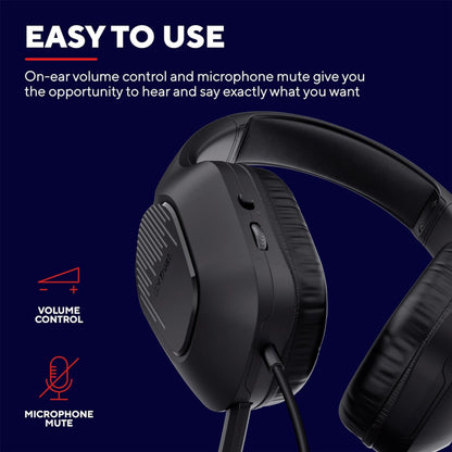 Trust GXT415 Zirox Gaming-headset til PS5, mørkeblå baggrund, tekst "Easy to Use", ikoner til volumenkontrol og mute.