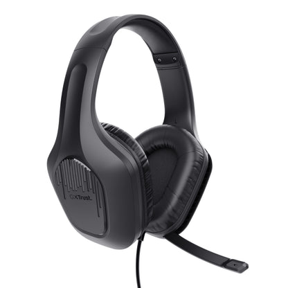 Trust GXT415 Zirox sort over-ear gaming-headset med polstrede ørepuder, justerbar mikrofon, synligt kabel og Trust-logo.