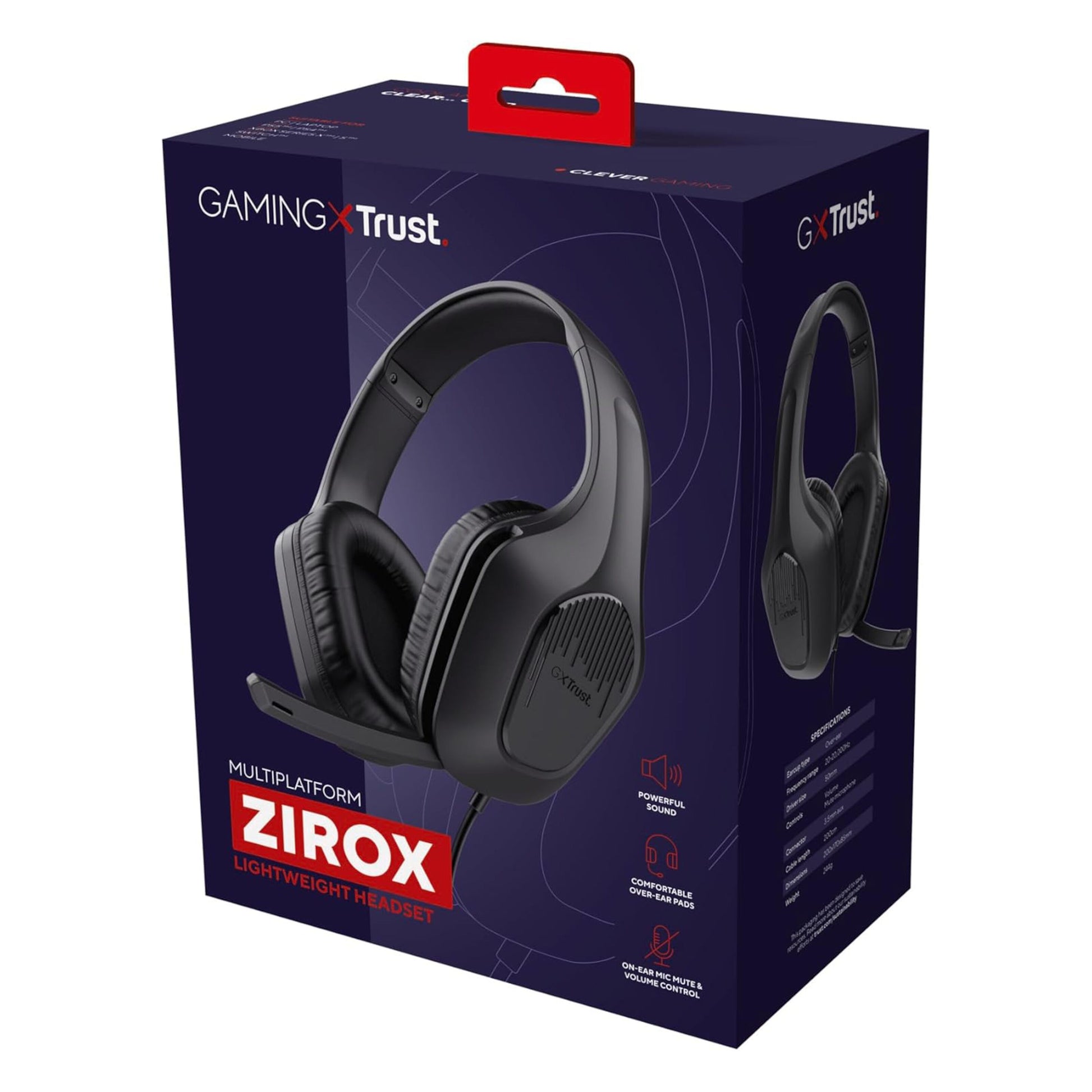Trust GXT415 Zirox Gaming-headset sort på æske, Trust-logo, multiplatform kompatibel, letvægt, PS5 egnet.