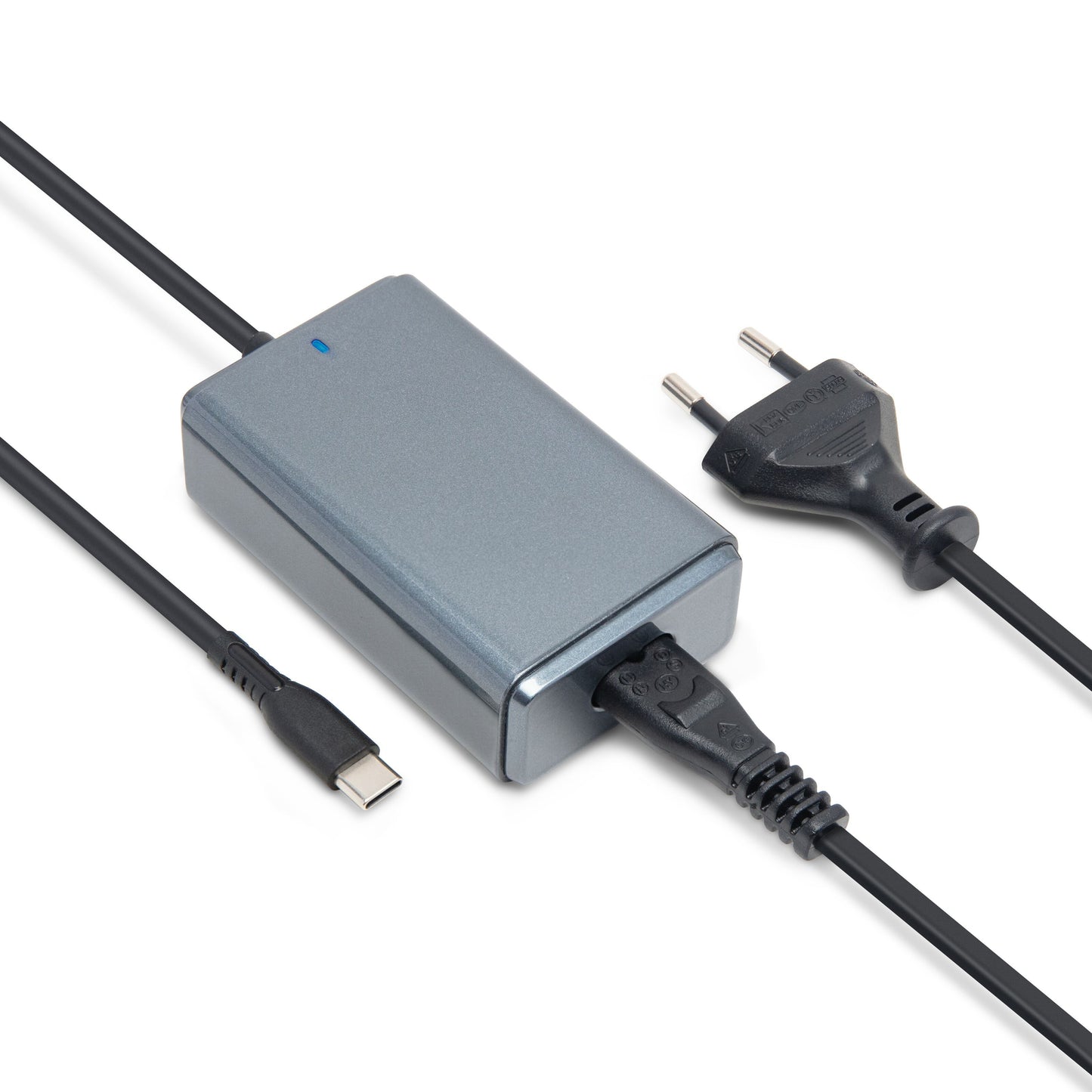 Kompakt USB-C oplader 65 W grå, blå indikator, europæisk stik og USB-C port.