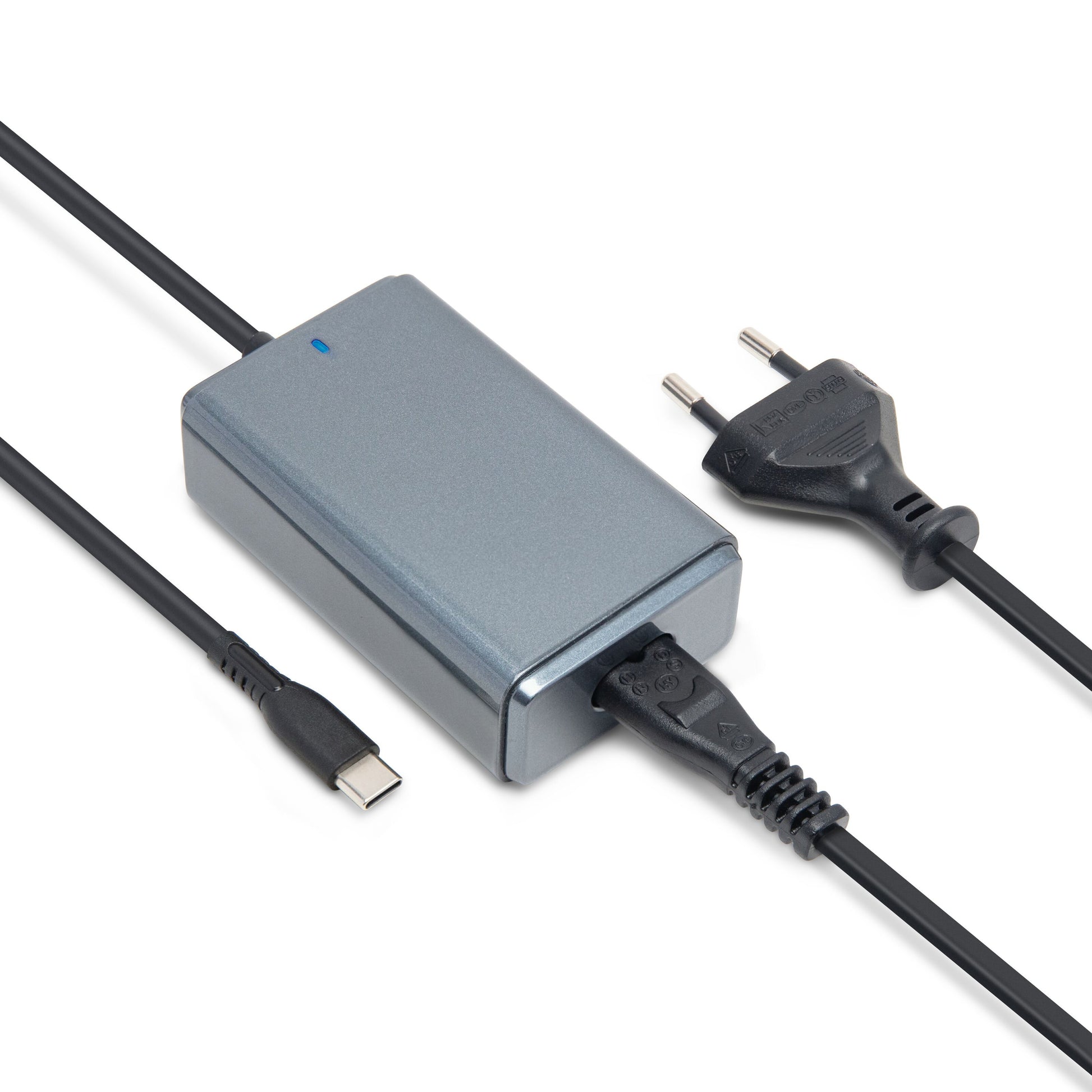 Kompakt USB-C oplader 65 W grå, blå indikator, europæisk stik og USB-C port.