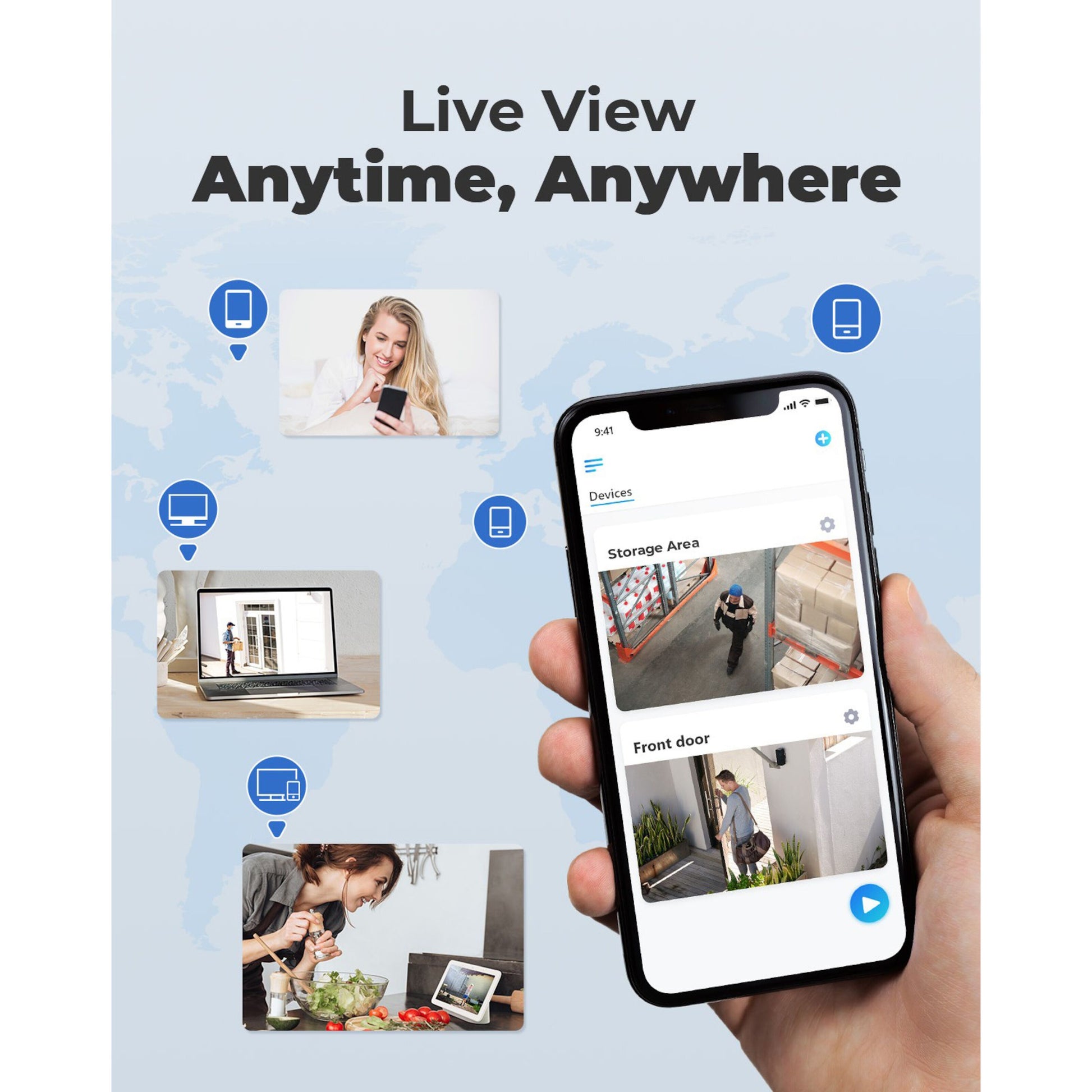 Reolink P320 POE udendørskamera 5 MP med persondetektering vises på smartphone og andre enheder.