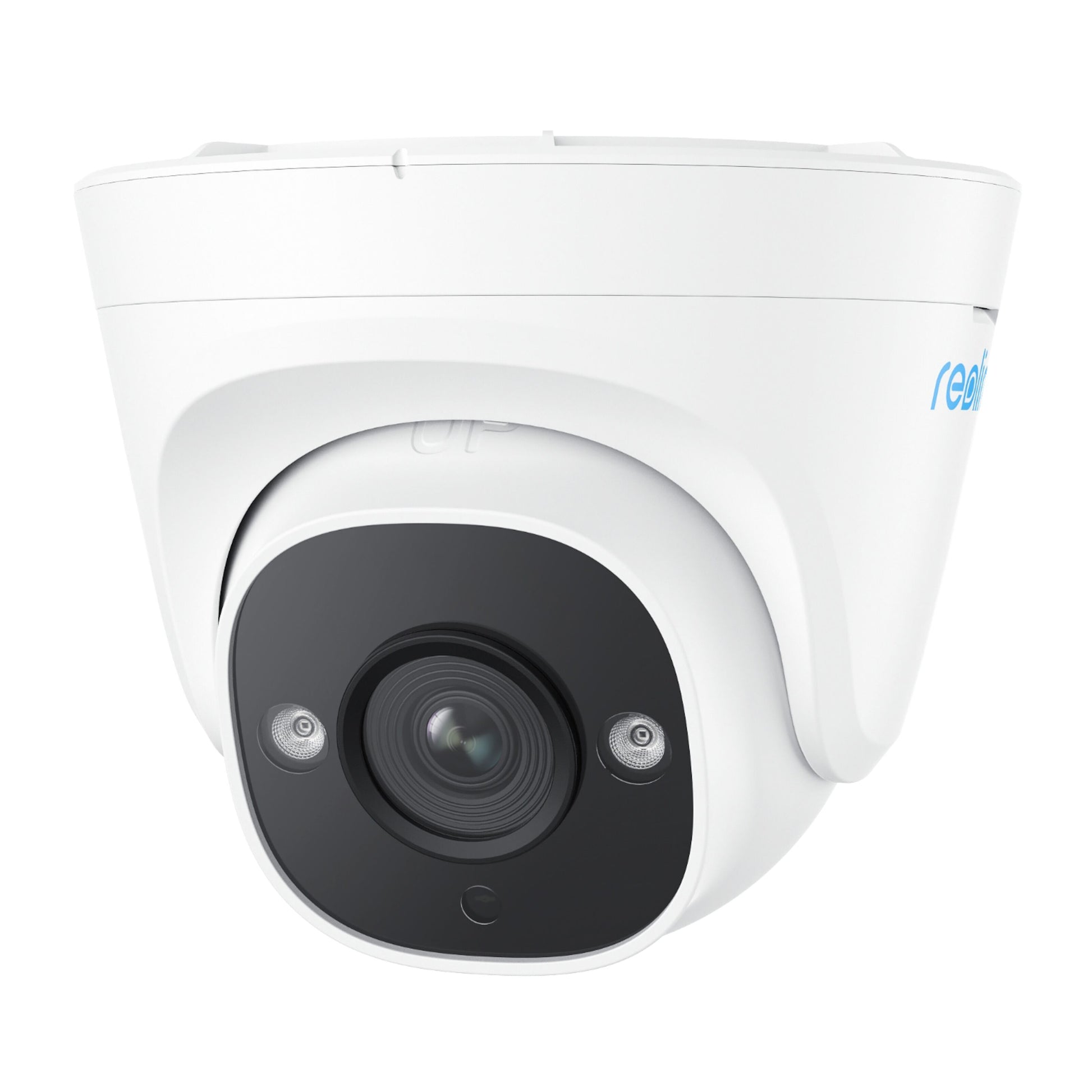 Reolink P324 Dome POE udendørskamera 5MP hvid med sort linse, person- og køretøjsdetektering, til LED-lys på siderne.