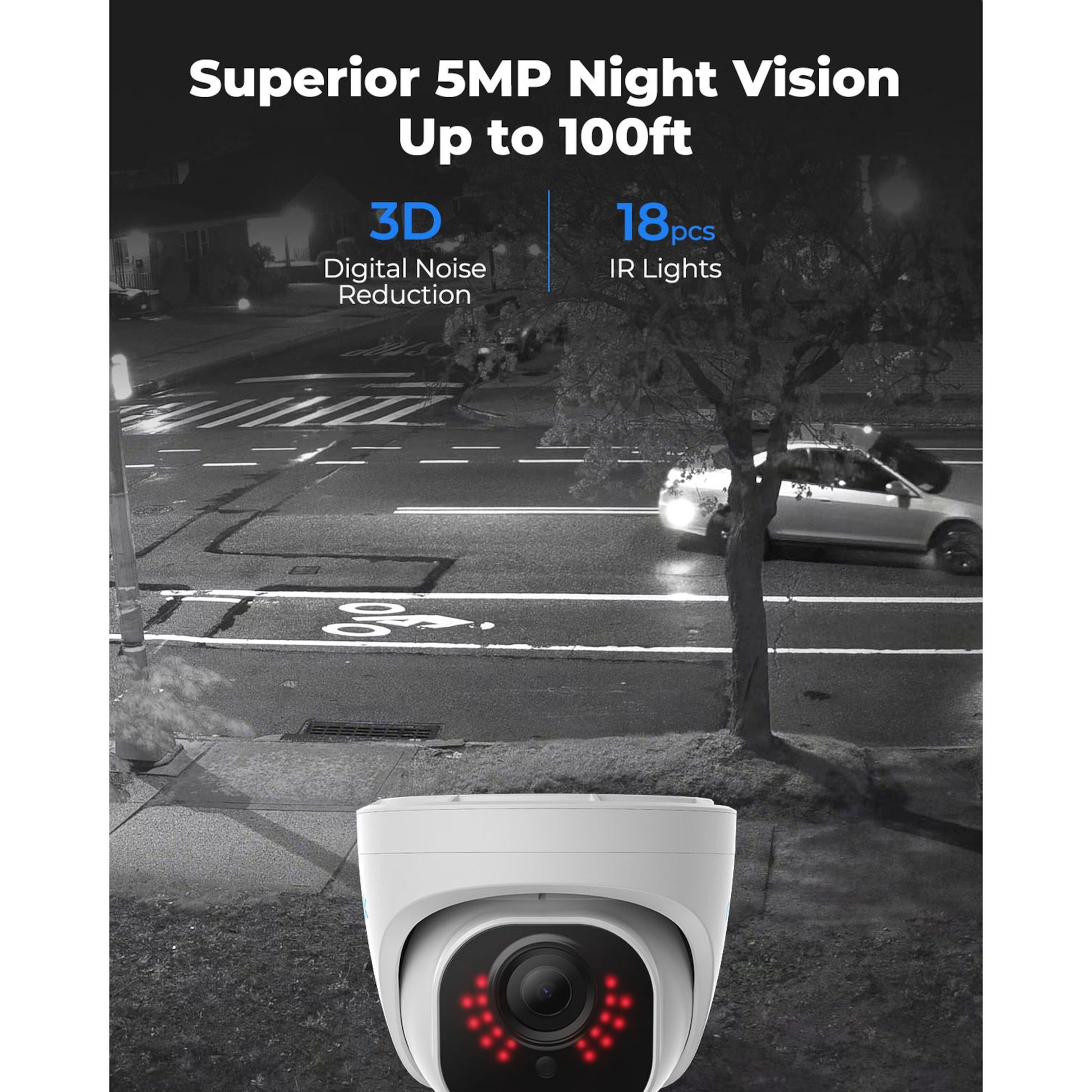 Reolink P324 Dome POE-udendørskamera 5MP natbillede, gade, bil passerer, Superior Night Vision 100ft, 3D DNR, 18 IR lys.