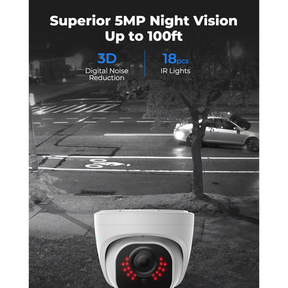 Reolink P324 Dome POE-udendørskamera 5MP natbillede, gade, bil passerer, Superior Night Vision 100ft, 3D DNR, 18 IR lys.