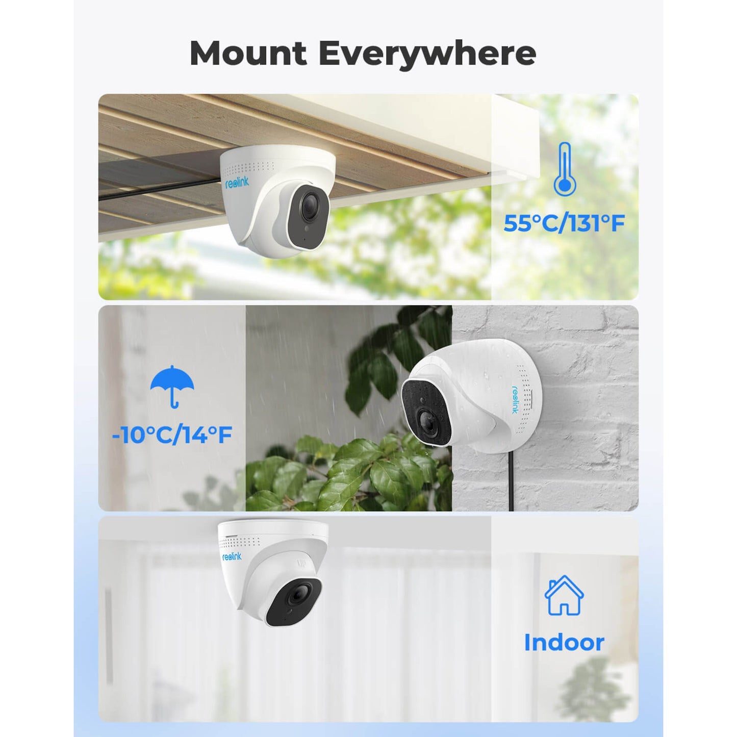 Reolink P324 Dome POE udendørskamera 5 MP bruges under udhæng, på våd væg og indendørs med detektering og -10°C til 55°C drift.