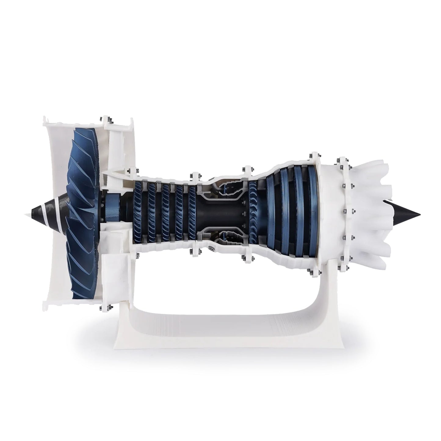 Bambu Lab 3D-kit til jetmotor Grå, tværsnitsmodel med synlige blæsere, kompressor, forbrændingskammer og turbine.