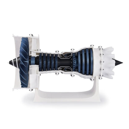 Bambu Lab 3D-kit til jetmotor Grå, tværsnitsmodel med synlige blæsere, kompressor, forbrændingskammer og turbine.
