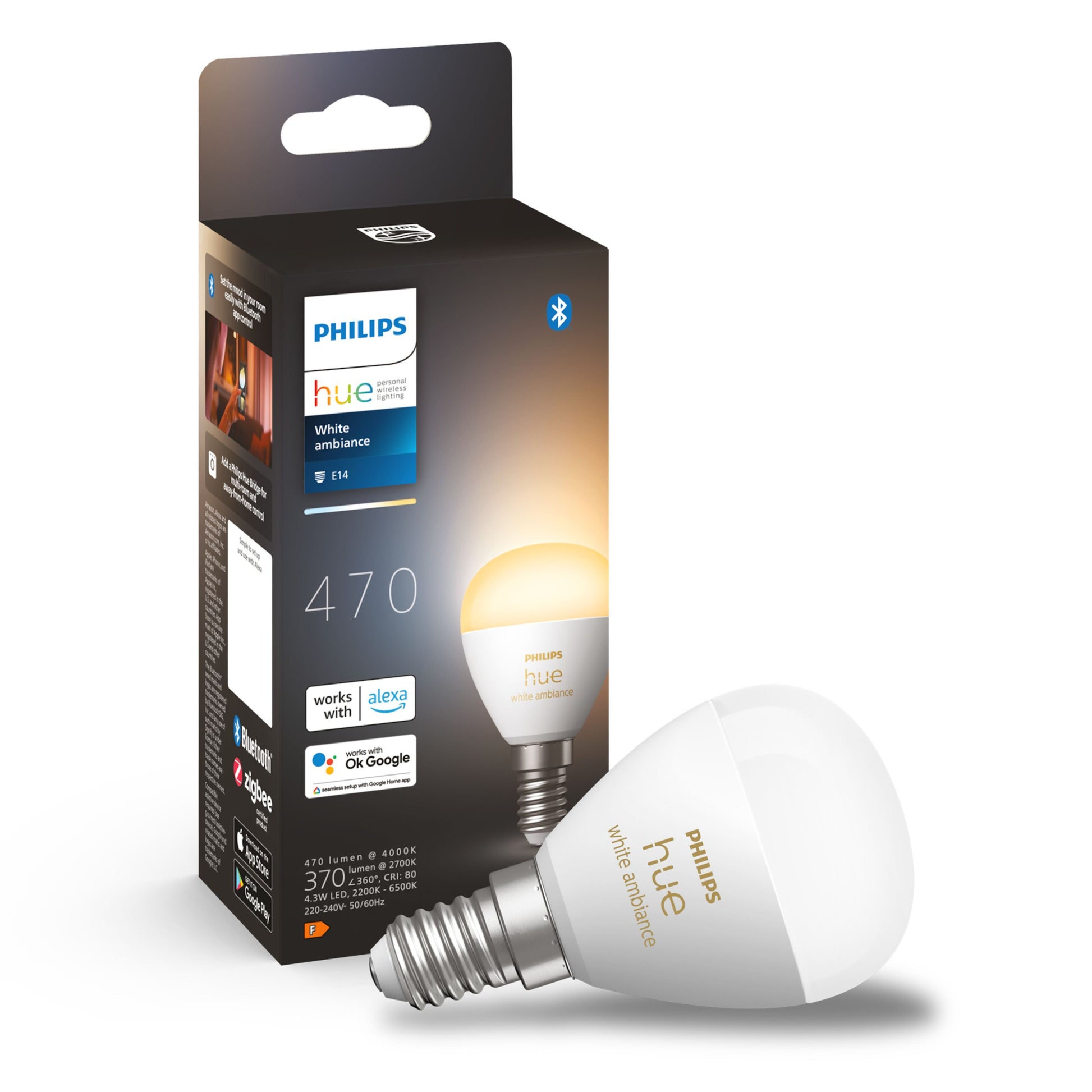 Philips Hue Luster Kuglelampe White Ambiance E14 470 lm med sort emballage, Alexa, Google Assistant, Bluetooth-logo.