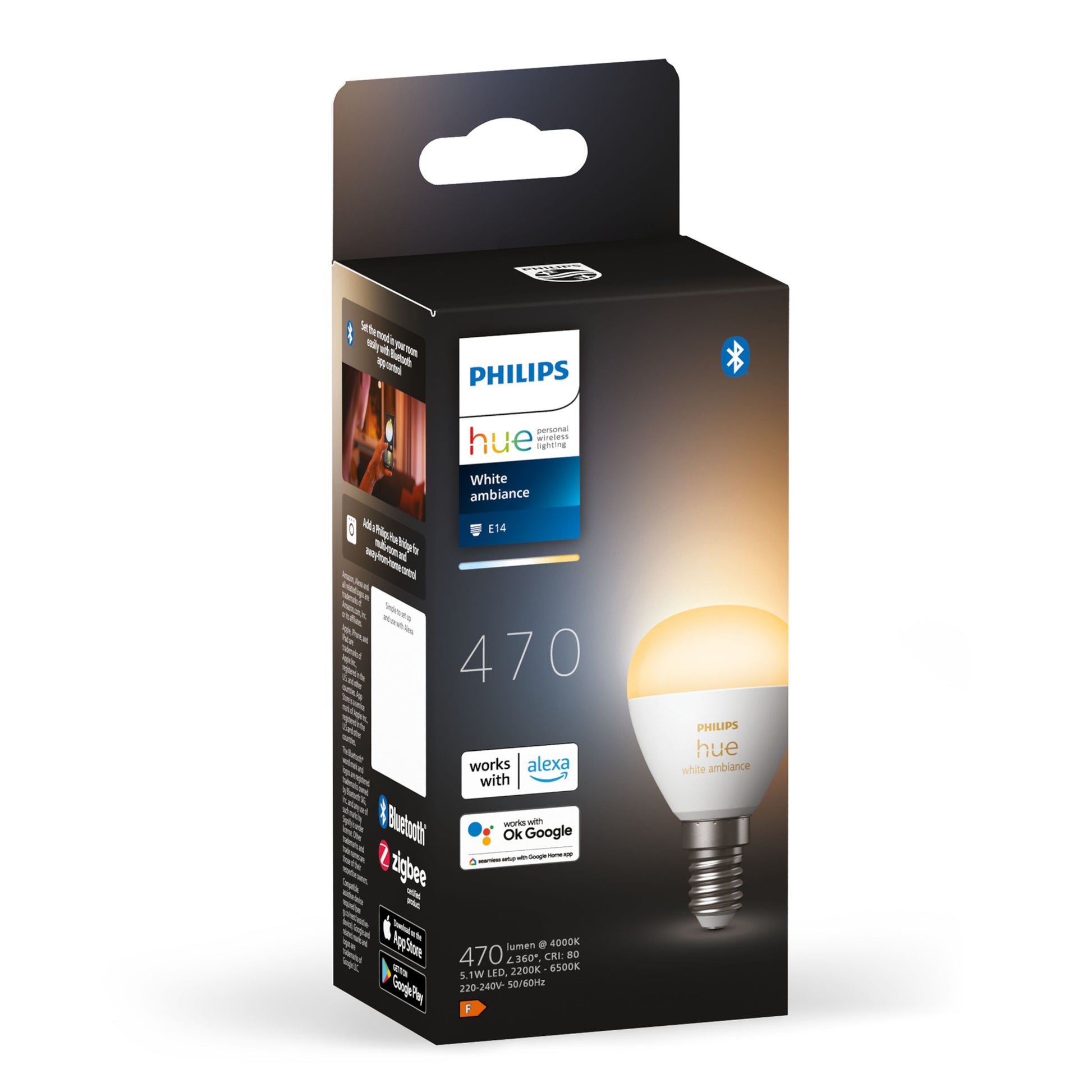 Philips Hue Luster kuglelampe White Ambiance E14 470 lm smart LED, kompatibel med Alexa, Google Assistant, Bluetooth, Zigbee.