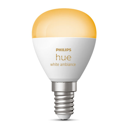 Philips Hue Luster Kuglelampe White Ambiance E14 LED pære, 470 lm, hvid med sølv fatning og justerbar varm lysfarve.