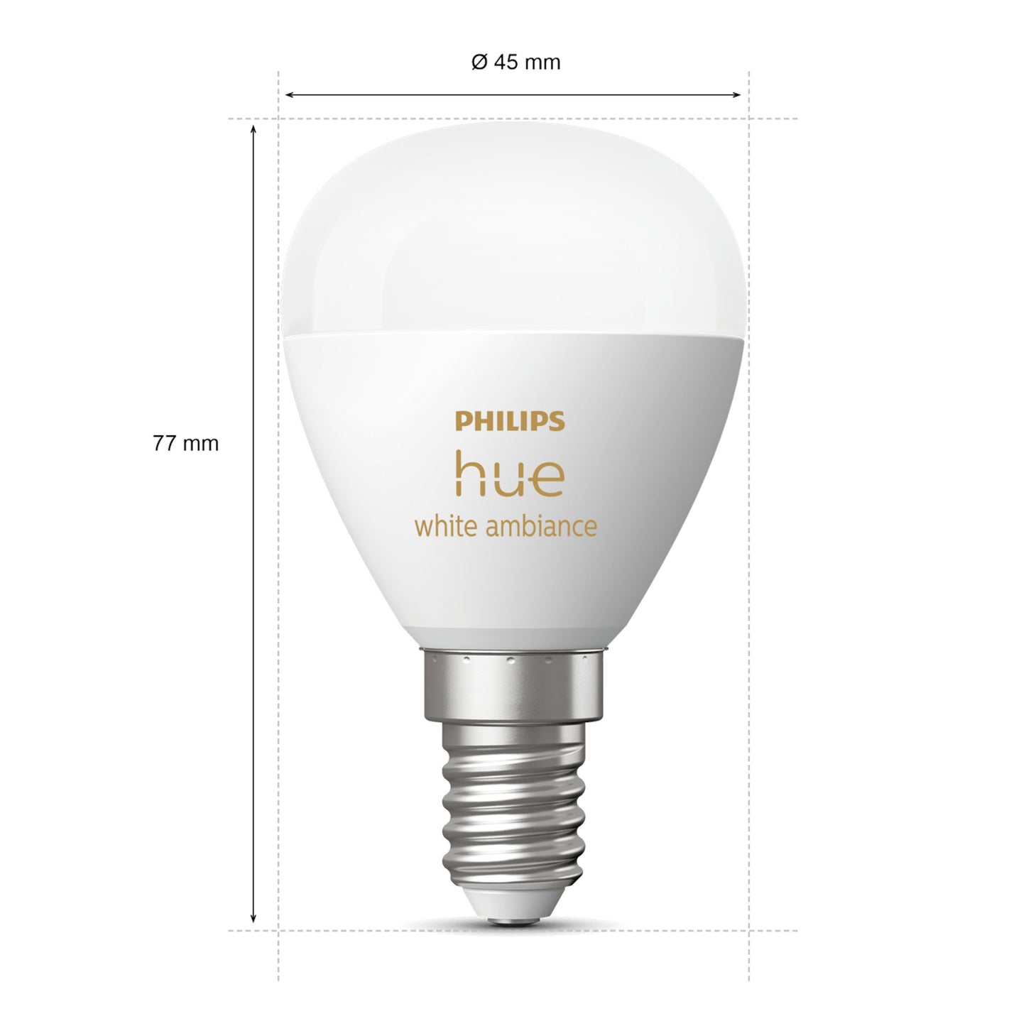Hue Luster Kuglelampe White Ambiance E14 470 lm, rund top, skruesokkel, 77 mm høj, 45 mm bred.