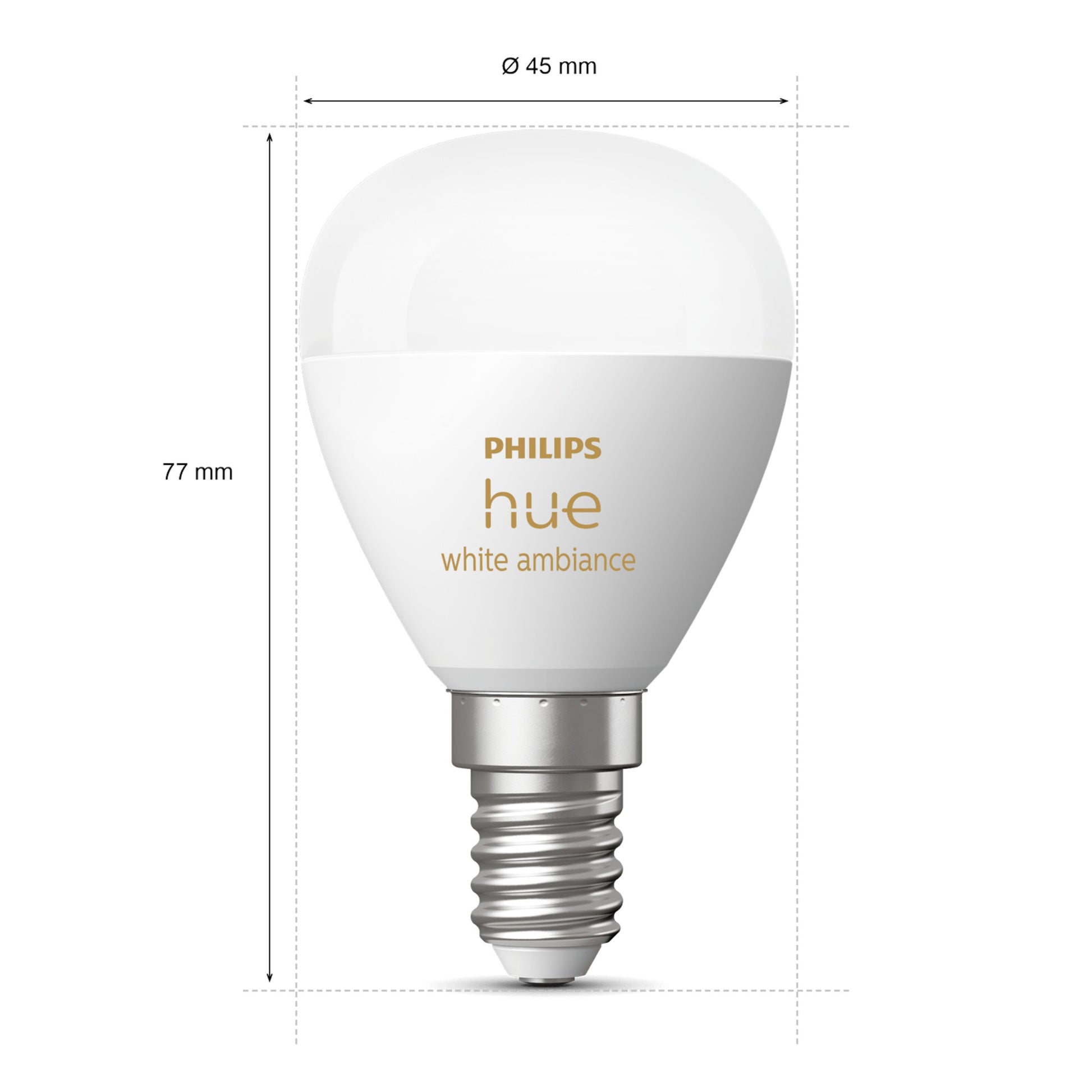 Hue Luster Kuglelampe White Ambiance E14 470 lm, rund top, skruesokkel, 77 mm høj, 45 mm bred.