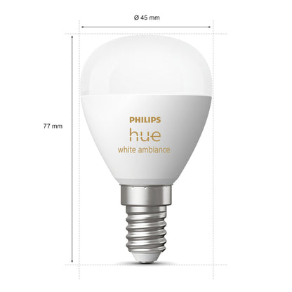 Hue Luster Kuglelampe White Ambiance E14 470 lm, rund top, skruesokkel, 77 mm høj, 45 mm bred.