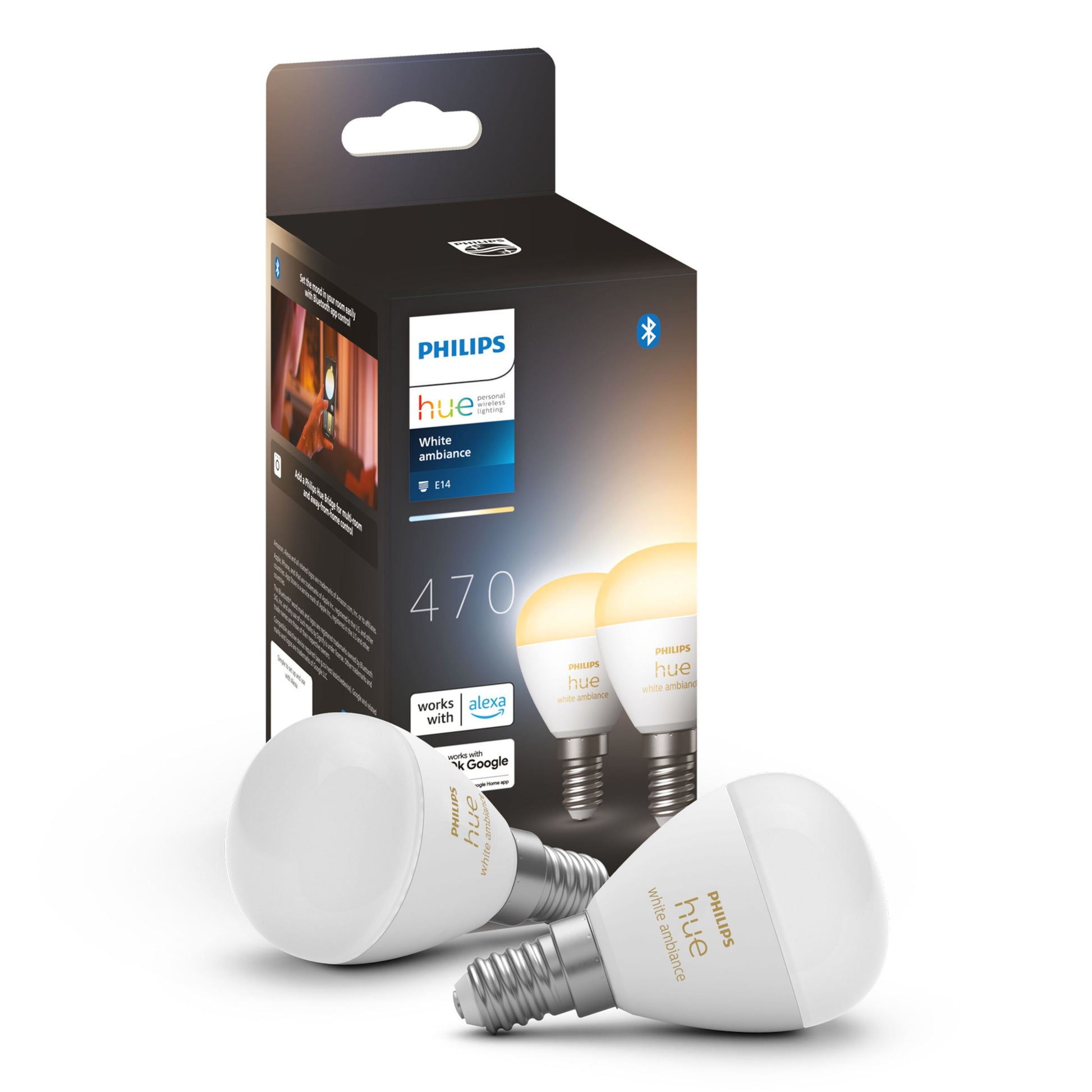 Philips Hue Luster Kuglelampe White Ambiance E14 470 lm 2-pak med emballage, Alexa/Google Assistant/Bluetooth-logo.
