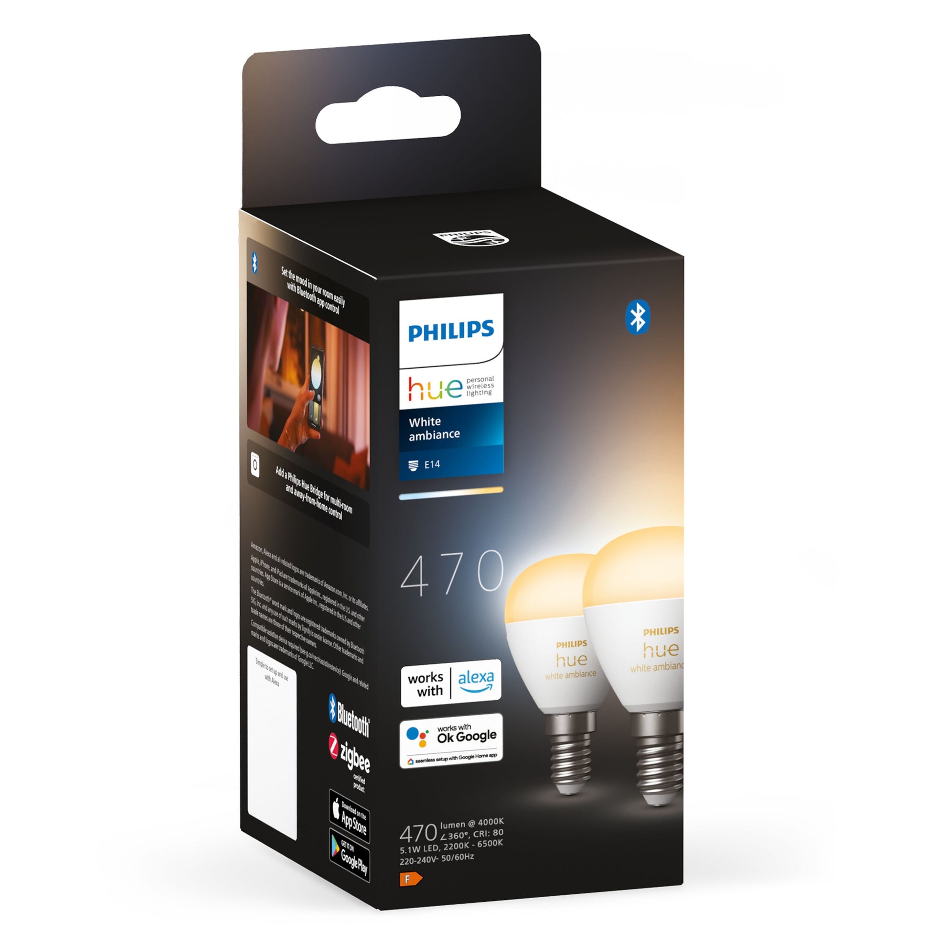 Philips Hue Luster Kuglelampe White Ambiance E14 470 lm 2-pak med Bluetooth, Alexa og Google Assistant, 4000K.