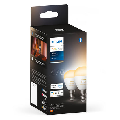 Philips Hue Luster Kuglelampe White Ambiance E14 470 lm 2-pak med Bluetooth, Alexa og Google Assistant, 4000K.