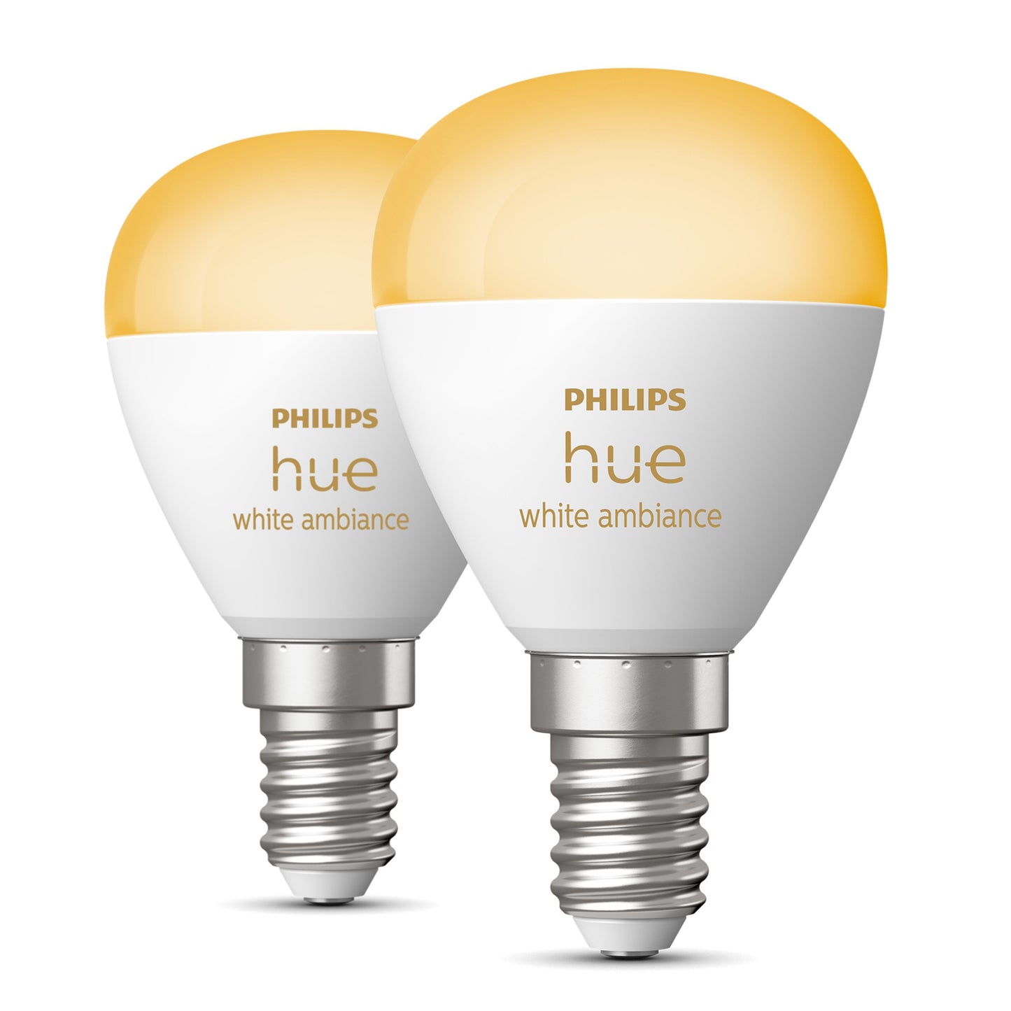 Philips Hue Luster Kuglelampe White Ambiance E14 470 lm, 2-pak, hvid sokkel, varm glød.