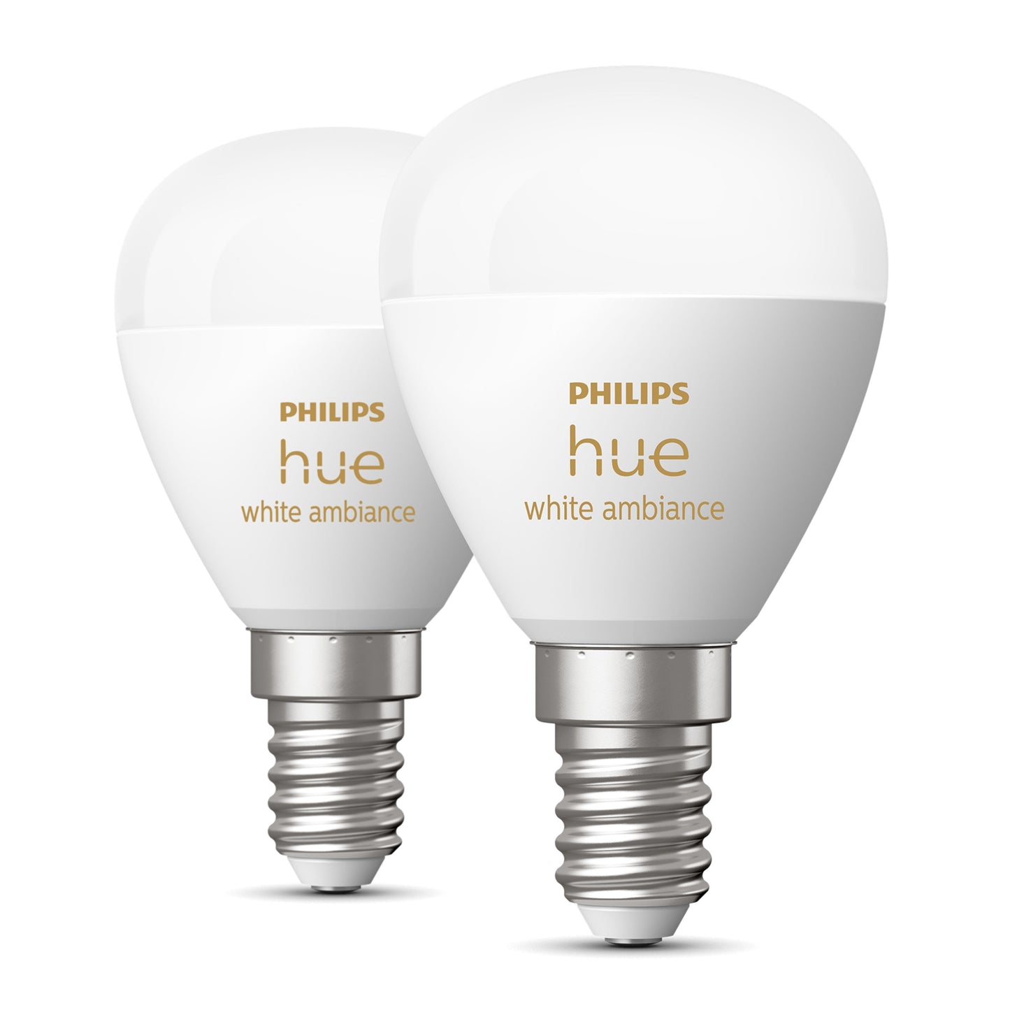 Philips Hue Luster Kuglelampe White Ambiance E14 470 lm 2-pak, sølv sokkel, hvid top, guld branding.