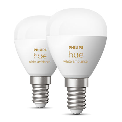 Philips Hue Luster Kuglelampe White Ambiance E14 470 lm 2-pak, sølv sokkel, hvid top, guld branding.