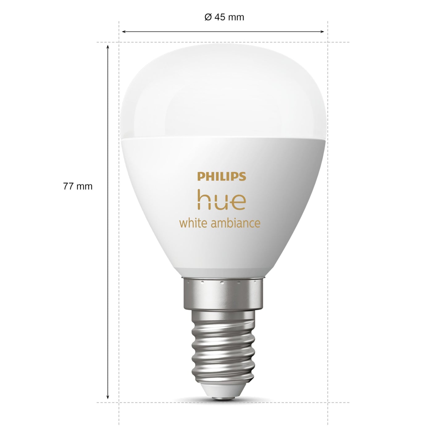 Philips Hue Luster kuglelampe White Ambiance E14 470 lm 2-pak, hvidt glas med guldfarvet logo, 77x45 mm, lille fatning.