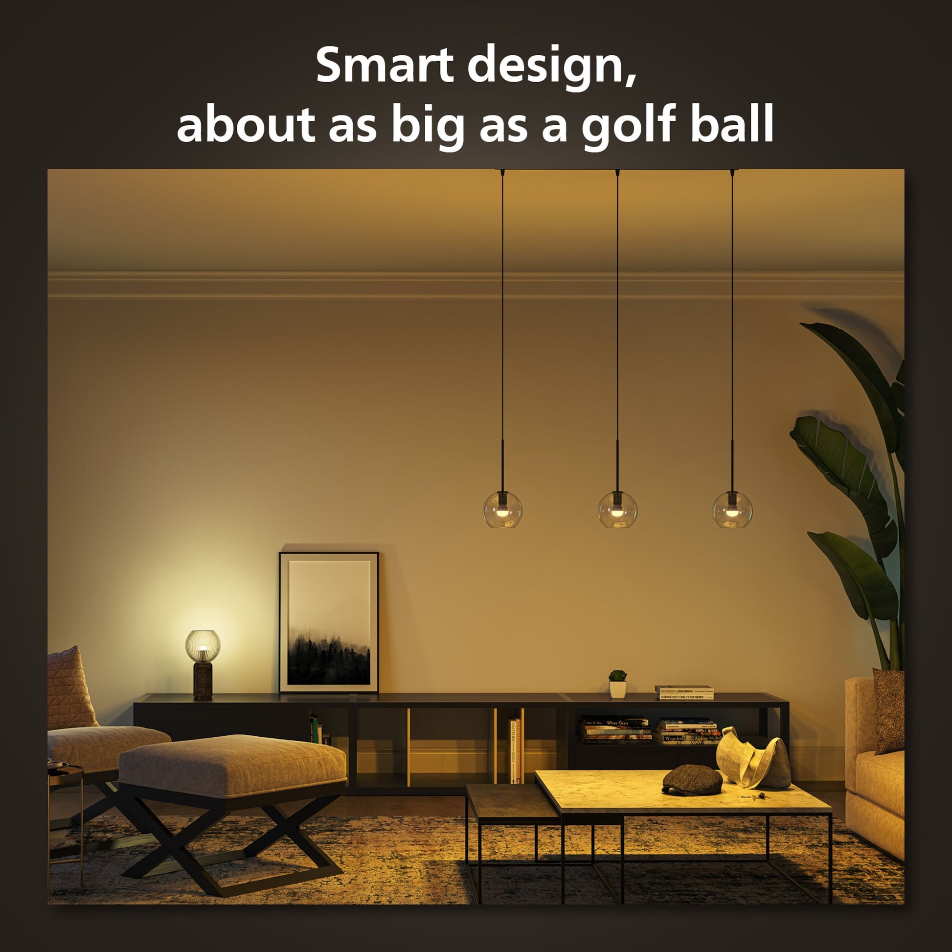Philips Hue Luster Kuglelampe White Ambiance E14 470 lm 2-pakke i stue, tekst: Smart smarthome belysning design.
