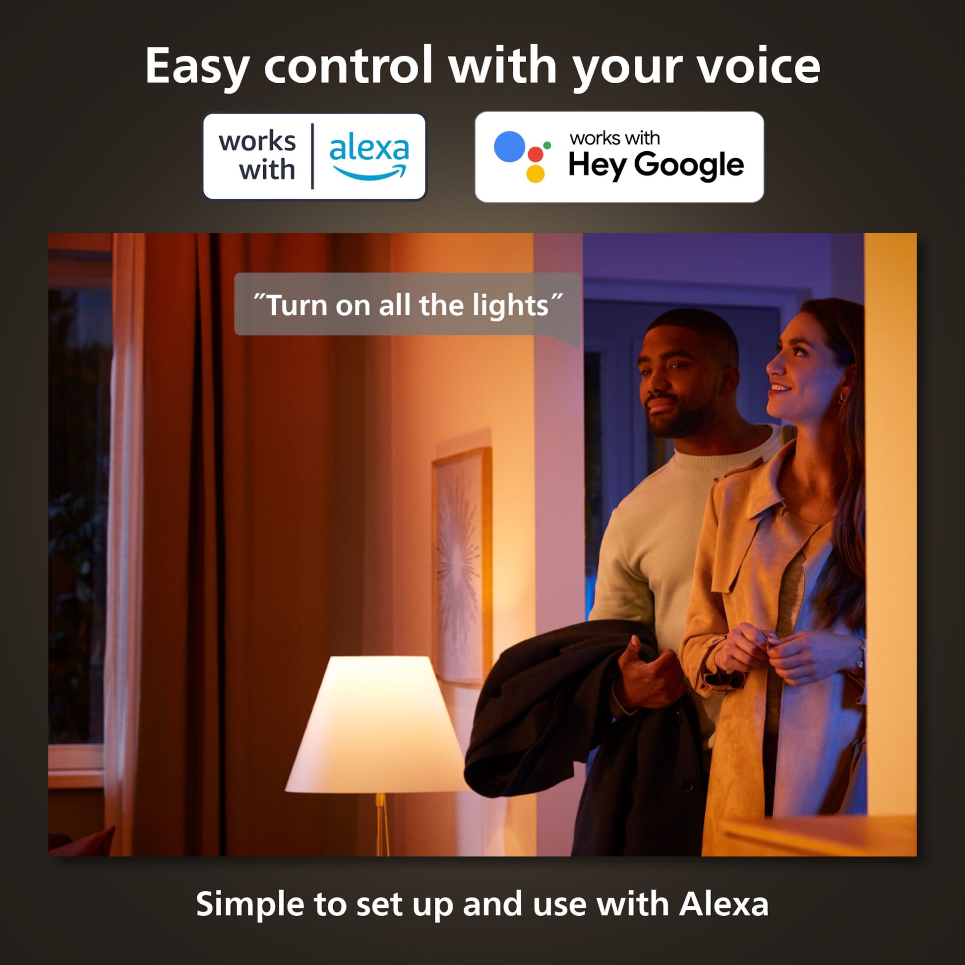 Philips Hue Luster Kuglelampe White Ambiance E14 lyspærer tændes, "Easy control with your voice", Alexa og Google logo.