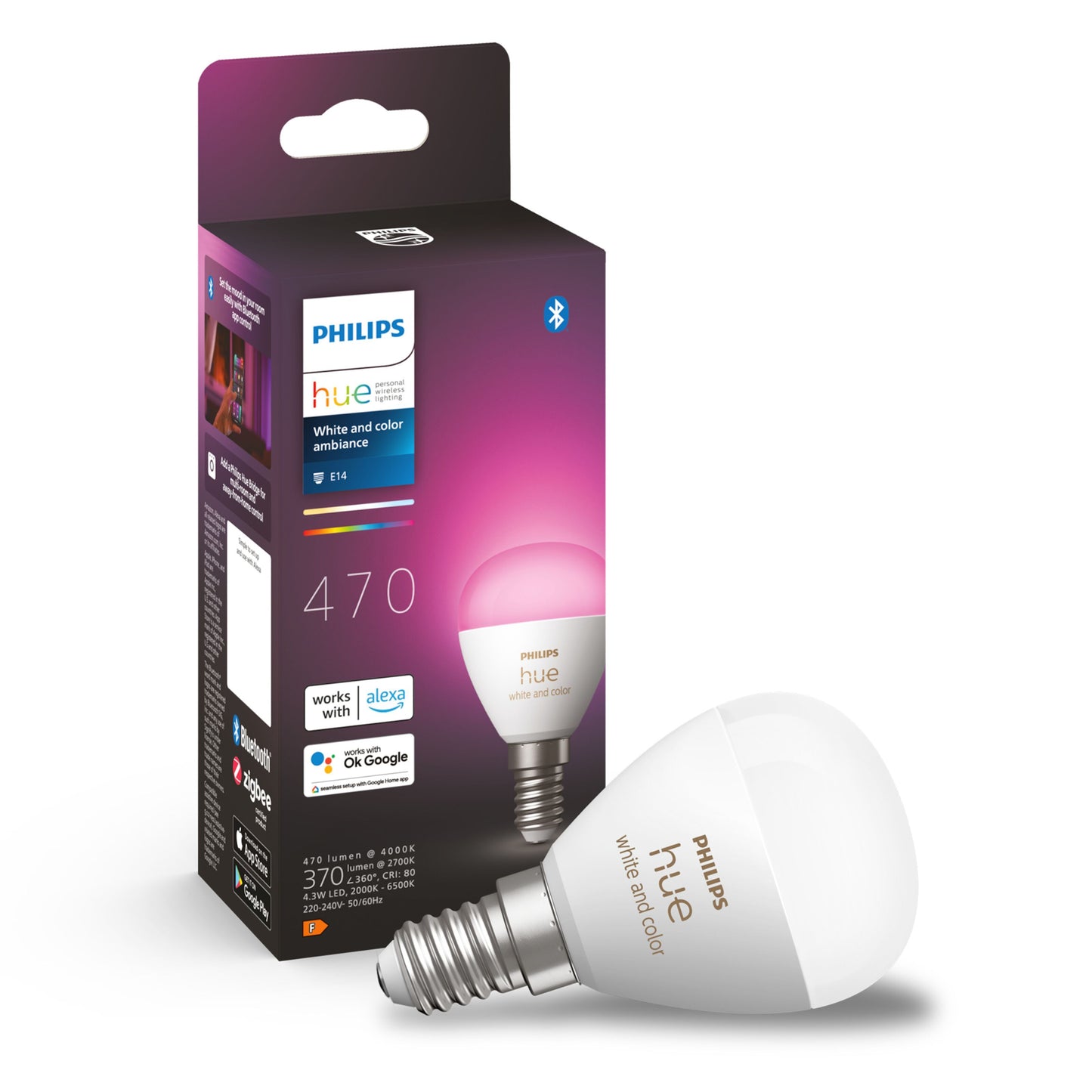 Philips Hue Luster Kuglelampe White and Color Ambiance E14 470 lm med sort/lilla æske, Alexa, Google Assistant, Bluetooth.
