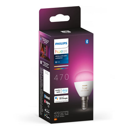 Philips Hue Luster kuglelampe E14 470 lm White and Color Ambiance i sort-lilla æske, Alexa, Google HomeKit, Bluetooth, Zigbee.
