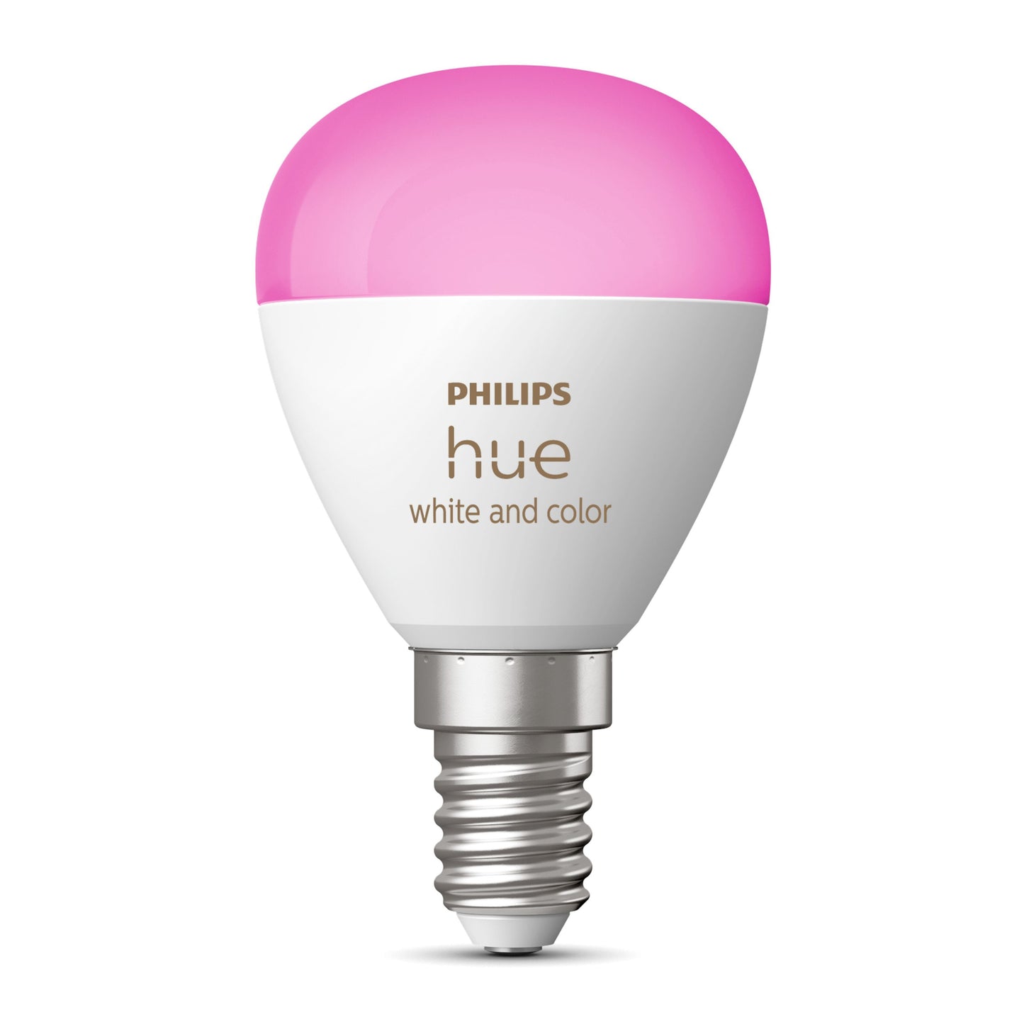 Philips Hue Luster Kuglelampe E14 470 lm LED, pink-glødende kuppel, hvidt kabinet, sølvfarvet skruesokkel.