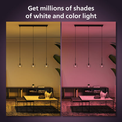 Philips Hue Luster Kuglelampe White and Color Ambiance E14 470 lm smarthome-belysning i gule og pink nuancer.
