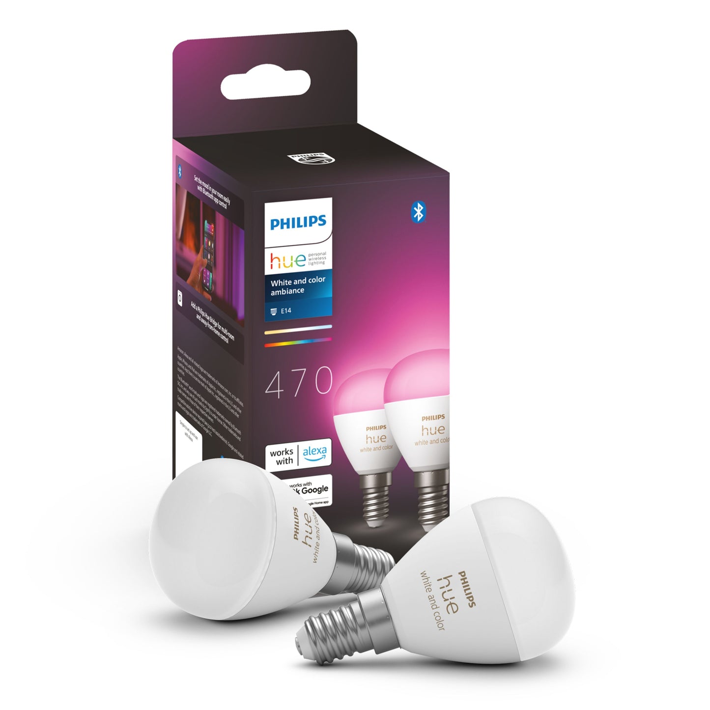 Philips Hue Luster Kuglelampe E14 470 lm White and Color Ambiance 2-pak med emballage viser Alexa og Google kompatibilitet.