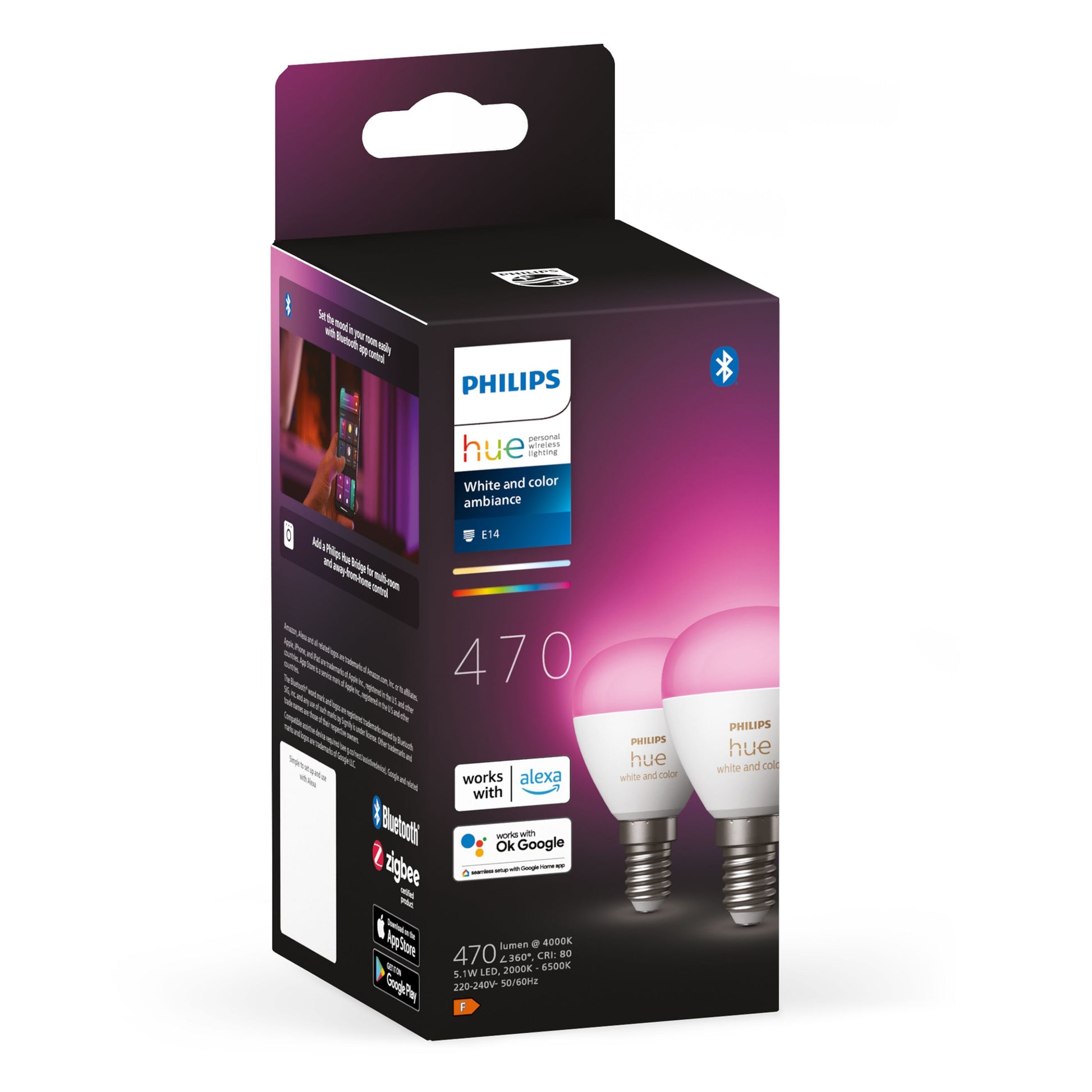 Hue Luster kuglelampe E14 470 lm 2-pak White and Color Ambiance, Bluetooth, Alexa/Google Home-kompatibel, mørkelilla æske.