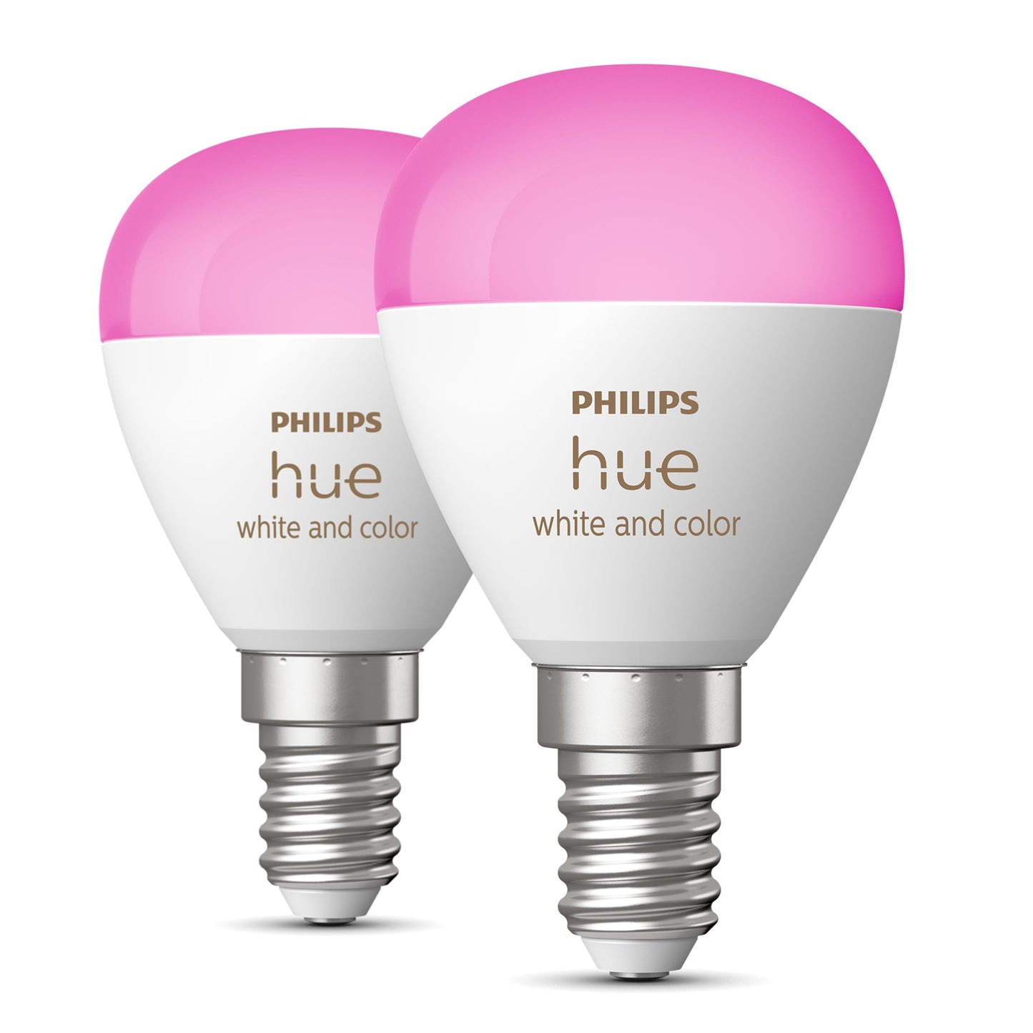 Philips Hue Luster Kuglelampe White and Color Ambiance E14 470 lm 2-pak, lyser pink, hvide sokler, står opret.