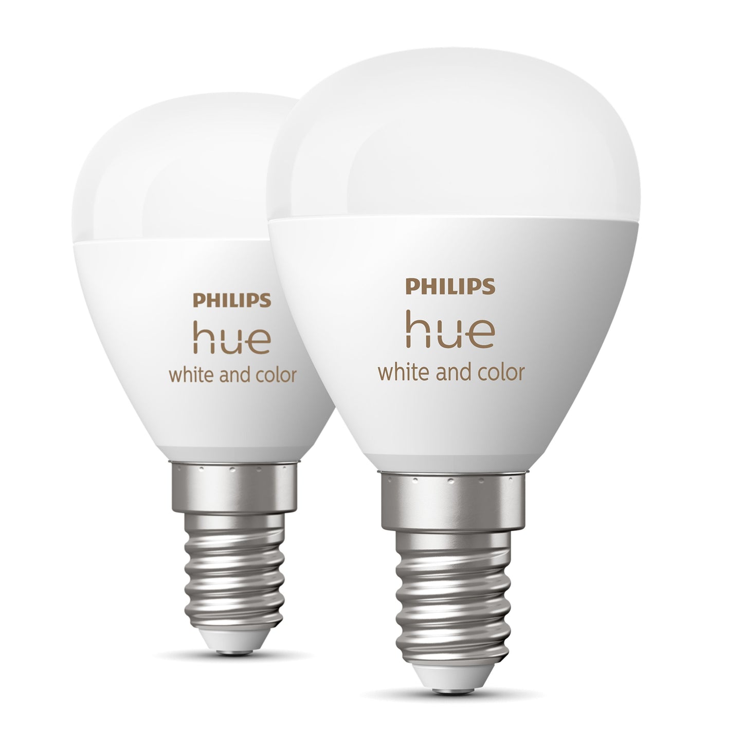 Philips Hue Luster Kuglelampe White and Color Ambiance E14 470 lm 2-pak med sølvskruer og Philips Hue-logo.