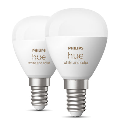 Philips Hue Luster Kuglelampe White and Color Ambiance E14 470 lm 2-pak med sølvskruer og Philips Hue-logo.
